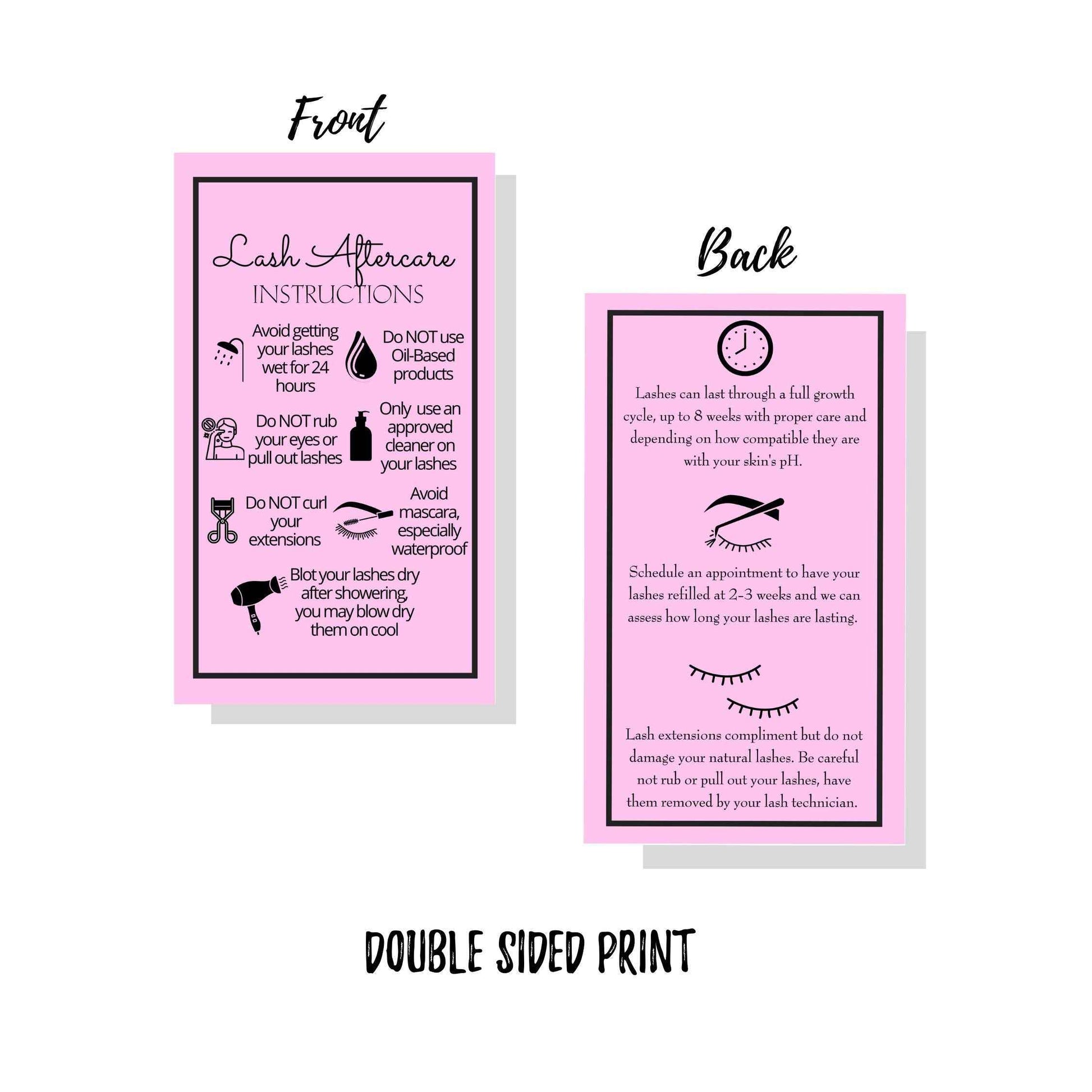 Lash Extension Aftercare Instructions Cards | Package of 250 | Double Sided Size 2x3.5" inches After Care (2-3 Week Fillers) | Bubblegum Pink with Eyelash Extension Aftercare Pictures