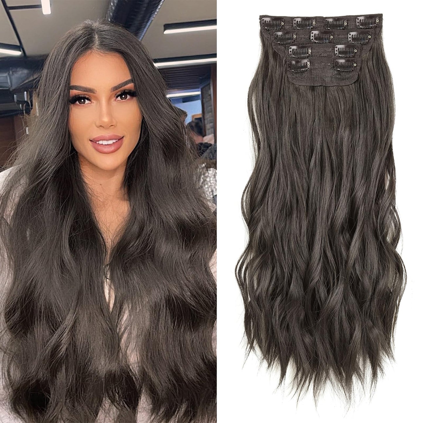 ZRQ 20 Inch Dark Brown Wavy Hair Extensions Clip in Hair Extensions Synthetic Hairpieces for Women 4PCS Full Head Set Thick Curly Wavy Synthetic Hair Extensions #4