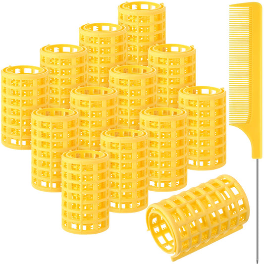 Syhood 12 Pieces Snap Hair Roller, Large Size Plastic Hair Rollers Hair Curlers with Rat Tail Comb for Long Hair Hairdressing Styling Tools(6.8 x 3.6 cm,Yellow)