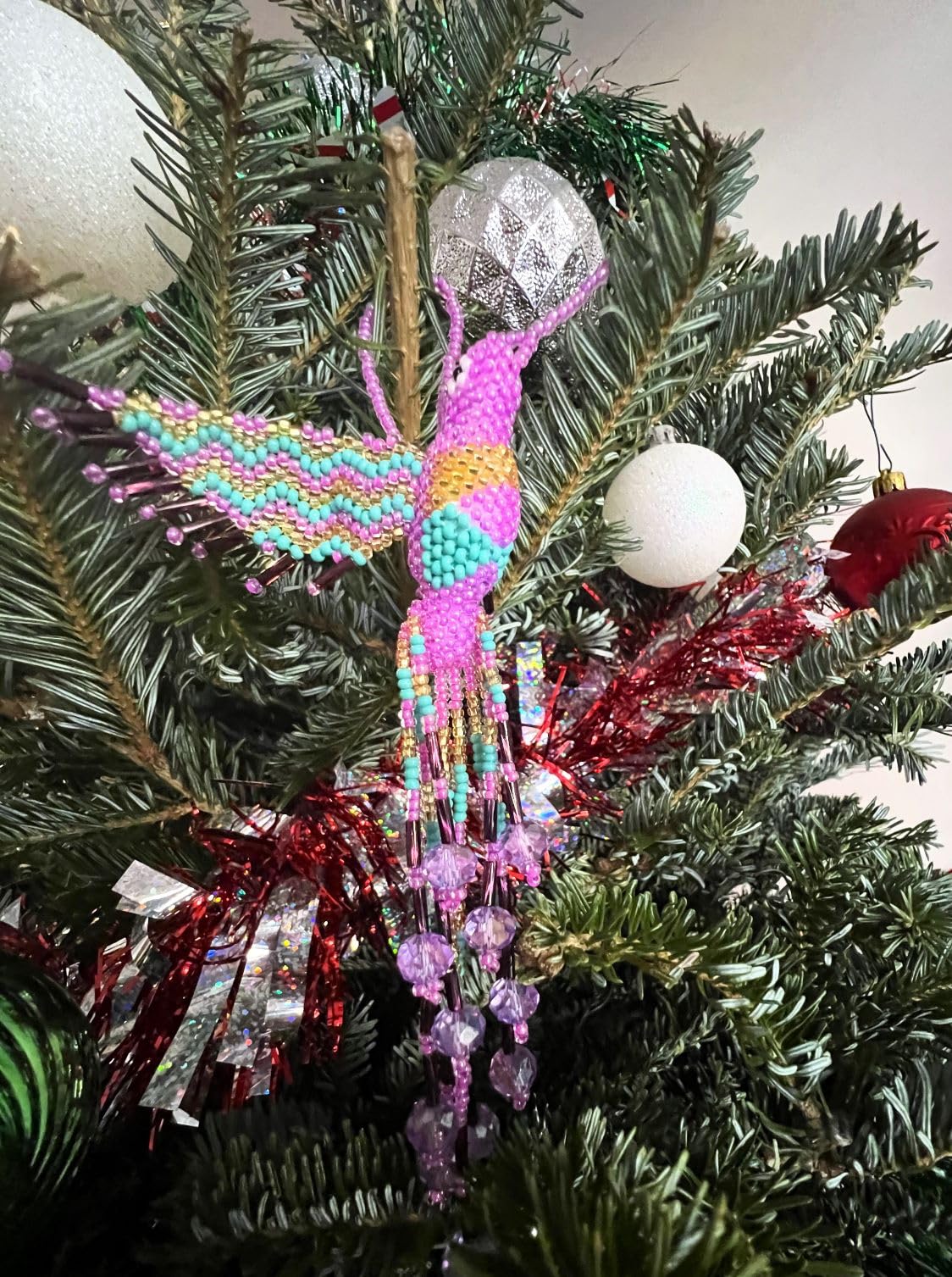 Hummingbird Hanging Figurine Ornament Czech Glass Seed Bead Fringe Tail Dangles - Handmade Gifts Spirit Animal Boho Accessories (Turquoise/Rainbow)