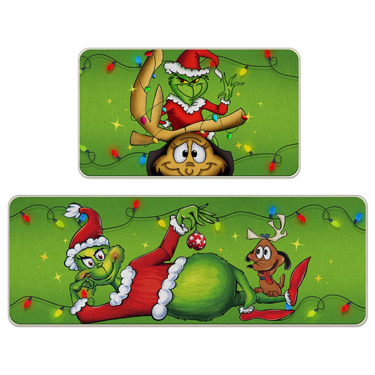 Tailus Christmas Kitchen Rugs Set of 2, Green Xmas Max Dog Kitchen Mats Decor, Funny Holiday Floor Door Mat Home Decorations -17x29 and 17x47 Inch