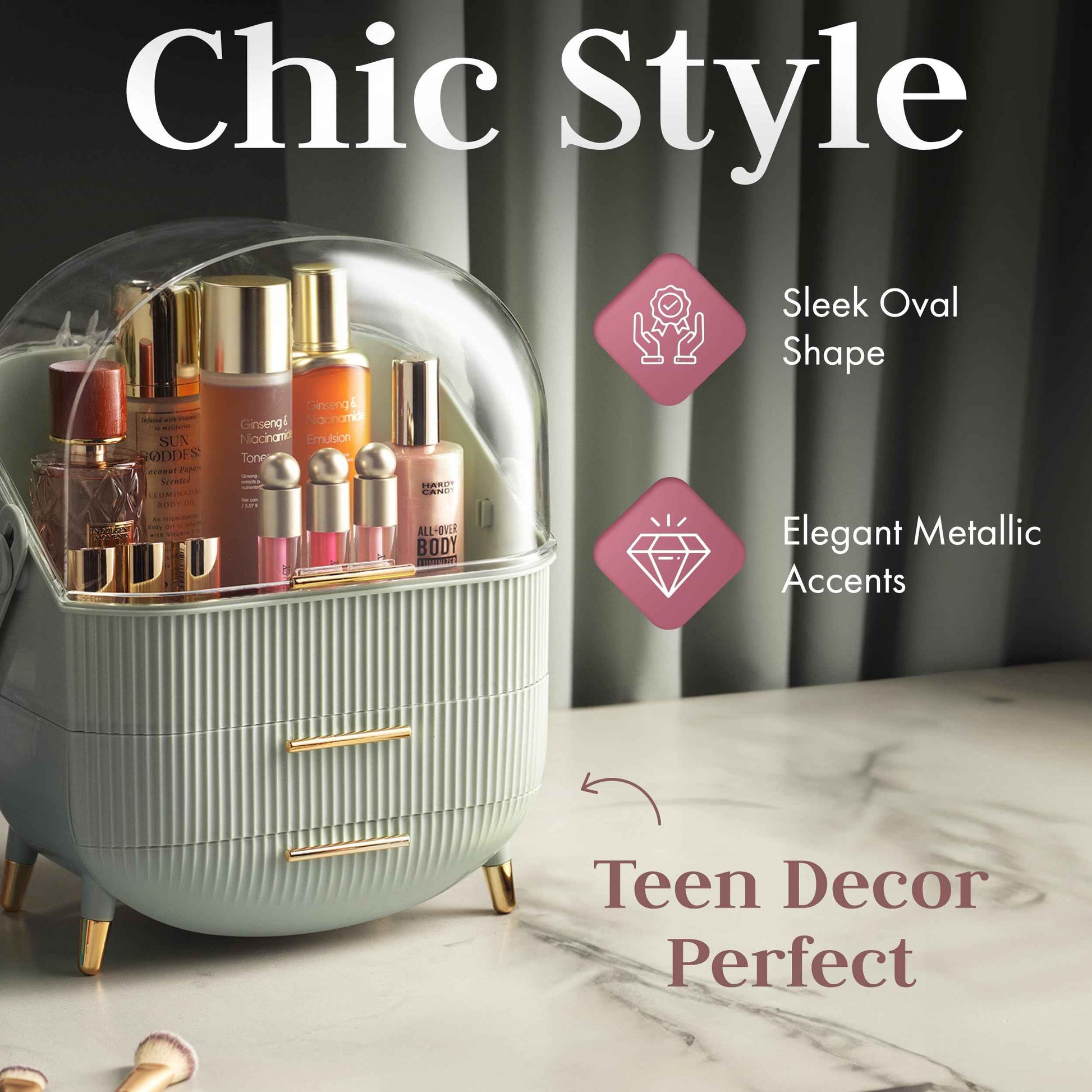 Covered Makeup Cosmetic Countertop - Large Cosmetic Organizer - Trendy Oval Shape Storage for Skin Care Organizer - Clear Lid, Storage Drawers, Carry Handle - Cute Stylish Decor Solution (Green)