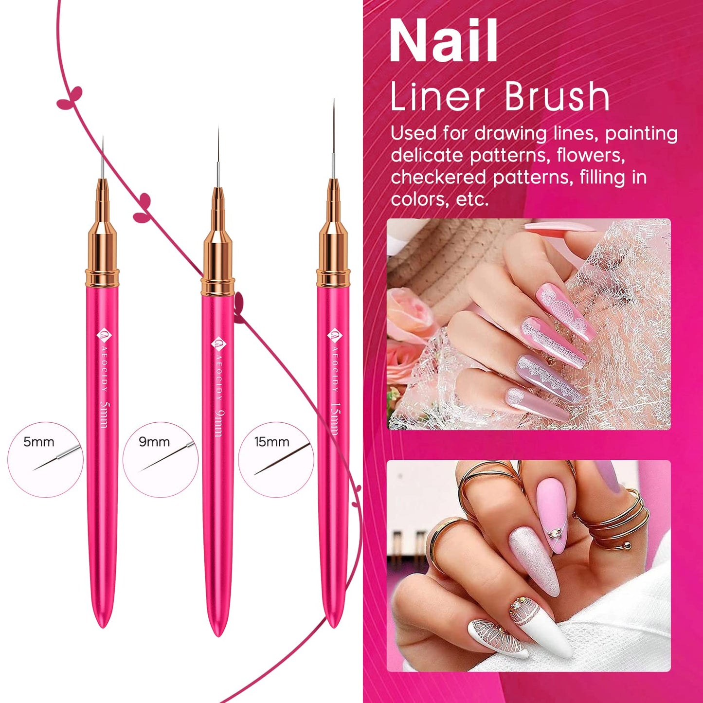 Aeocidy Nail Art Brushes Set - 5pcs Nail Brushes Nail Liner Brush Ombre French Tip Nail Brush Gel Builder Brush Nail Polish Brush Nail Art Design Tools Metal Handle for Acrylic Application Salon