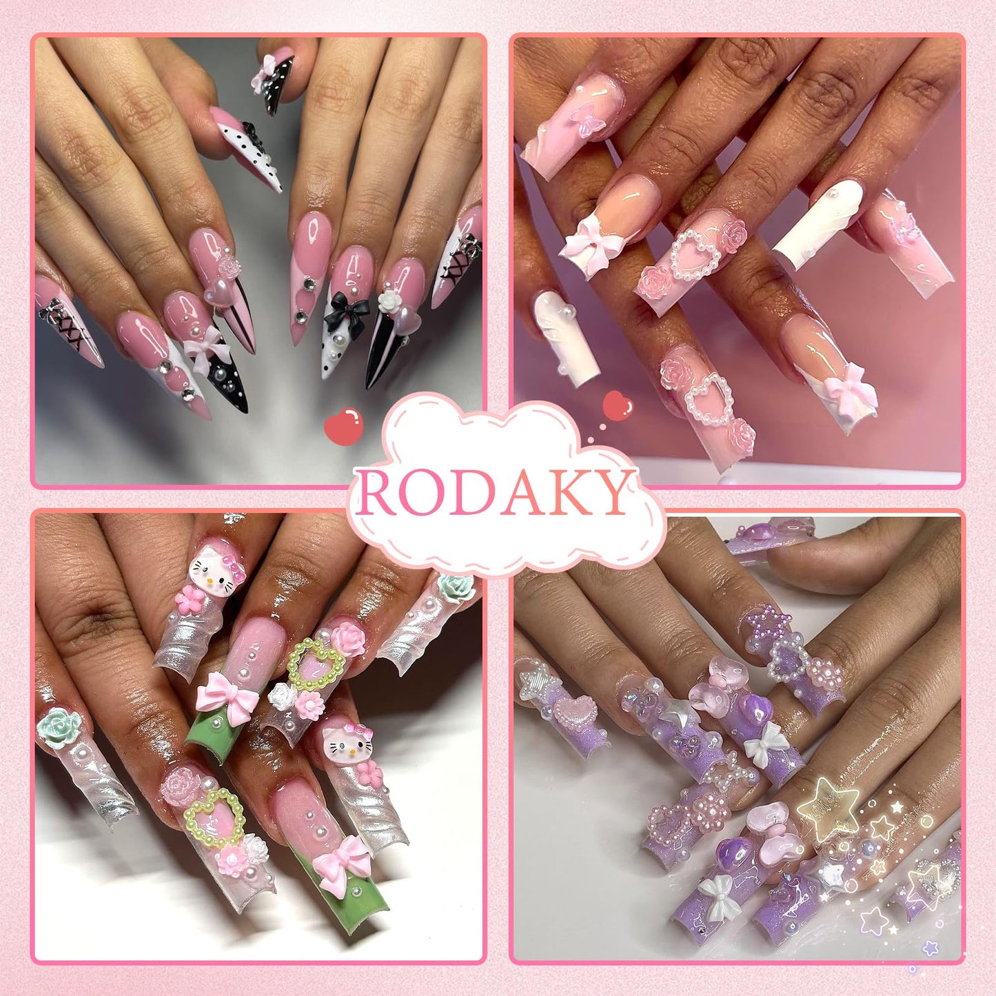 RODAKY Flower Nail Charms and Flatback Rhinestone with B7000 Glue,Assorted Resin Nail Flower Charms for Acrylic Nails Design,White Cute Rose Nail Art Flowers for Nail Jewels DIY Nail Art Decoration