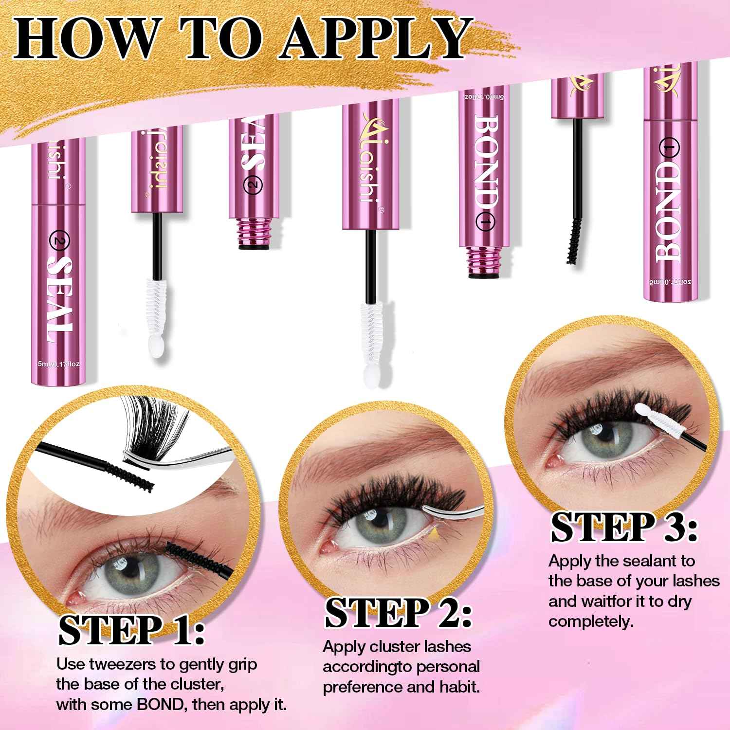 AILAISHI Lash Clusters Glue, Eyelash Bond and Seal, Long-Lasting 150H Waterproof, Non-Irritating Lash Extension Glue for DIY Individual Lashes at Home (Black-5ml+5ml)
