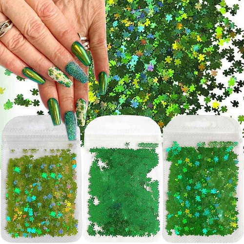 3 Bags St. Patrick's Day Nail Glitter Sequins Shamrock Nail Stickers Decals Holographic Laser Green Clover Nail Glitter Flakes Irish Nail Decals Charms Shamrock Glitter for Nail Art Decoration