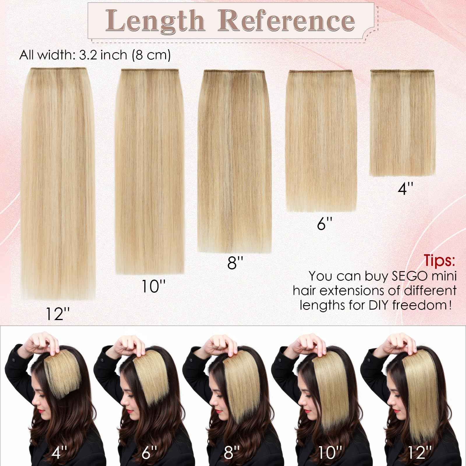 SEGO Clip in Hair Extensions for Women, 100% Remy Human Hair, Mini Hairpieces with 2 Clips, Short Extensions to Add Hair Volume, 2 Pcs, 10 Inches, 16/20/24/30/34g, Natural Blonde