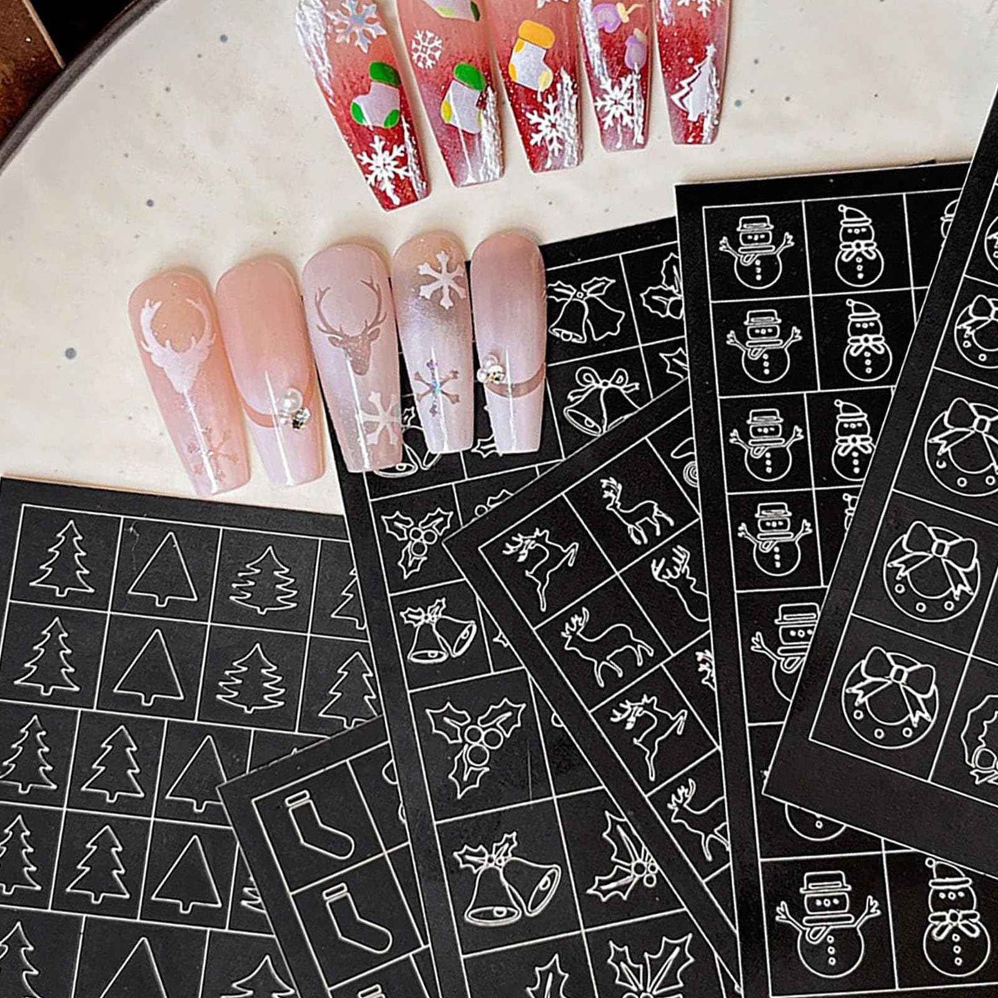 Christmas Airbrush Stencils Nail Sticker, Snowman Mistletoe Xmas Tree Nail Art Stickers Nail Stencils Decals, Holiday Design Winter Nail Guides Decal for Women Decoration DIY Tools 9Pcs