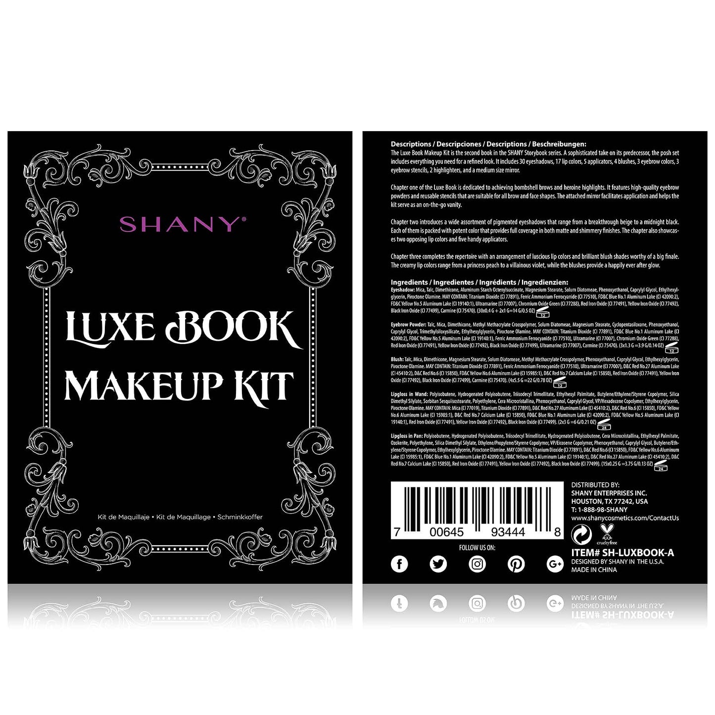 SHANY Luxe Book Makeup Set - All In One Travel Cosmetics Kit with 30 Eyeshadows, 15 Lip Colors, 5 Brushes, 4 Pressed Blushes, 3 Brow Colors, and Mirror