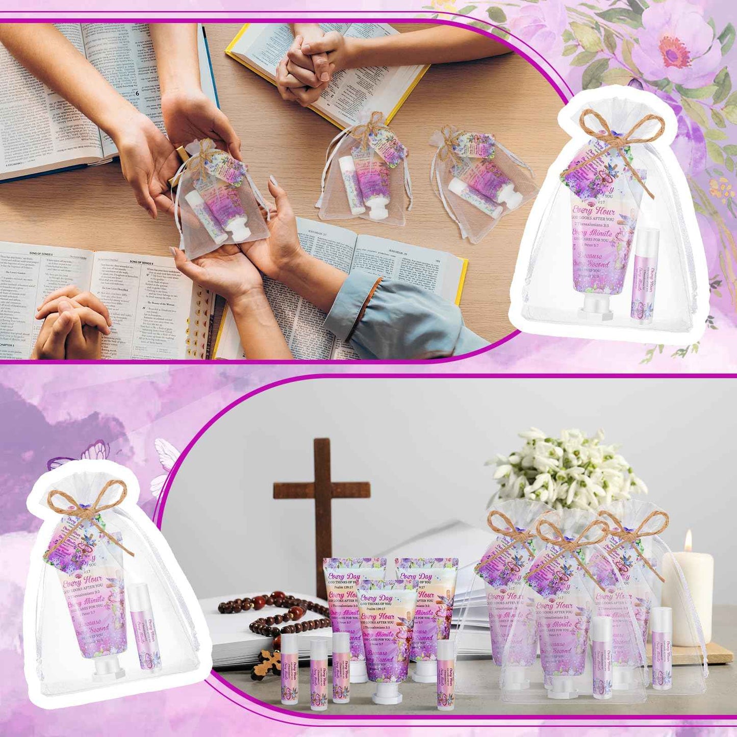 Swiffen 24 Sets Christian Hand Cream and Lip Balm Gift Set Christmas Christian Gift for Women Travel Size Hand Lotion Bible Verse Lip Balm Bulk for Baby Bridal Shower Mom Holiday Gift(Cross)