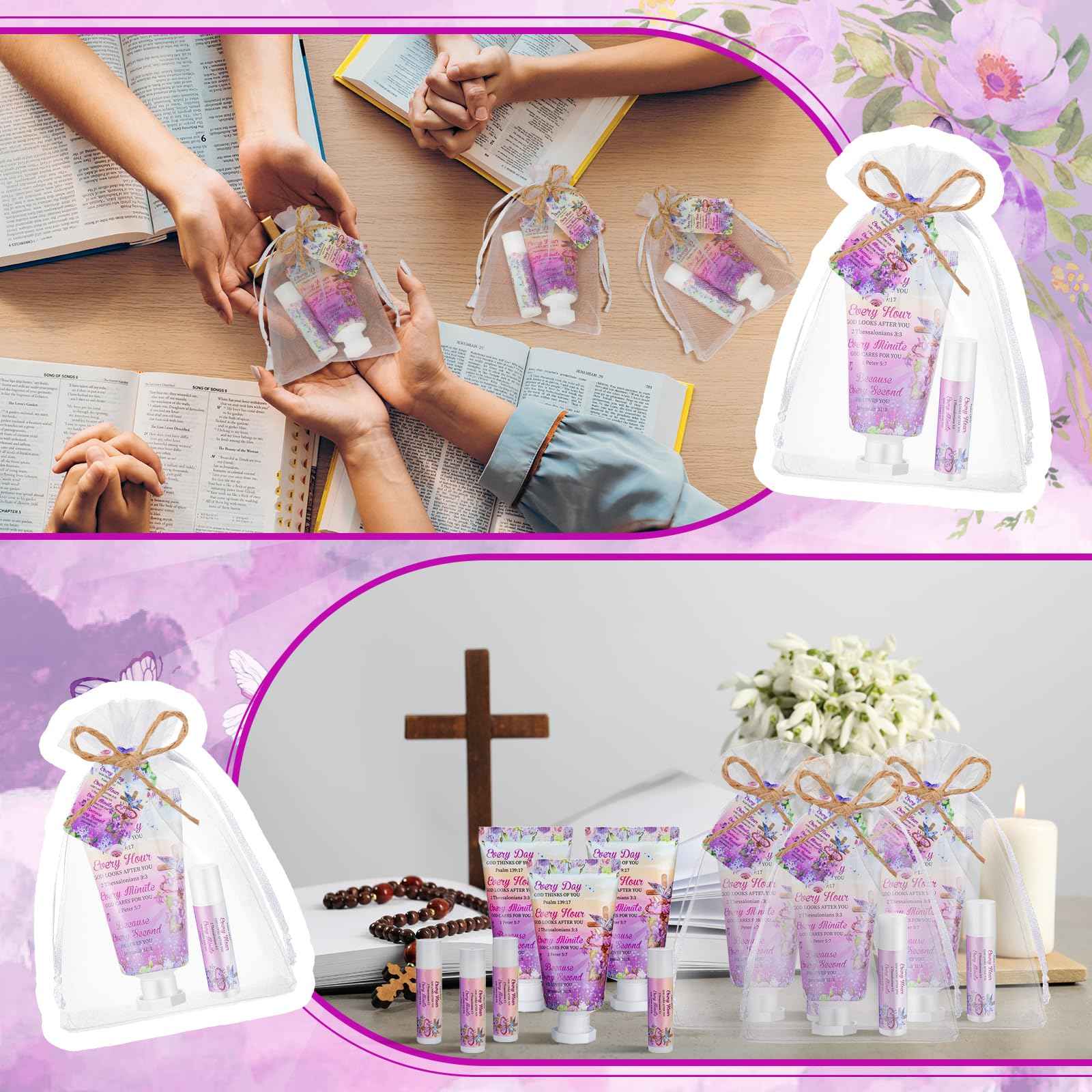 Swiffen 24 Sets Christian Hand Cream and Lip Balm Gift Set Christmas Christian Gift for Women Travel Size Hand Lotion Bible Verse Lip Balm Bulk for Baby Bridal Shower Mom Holiday Gift(Cross)