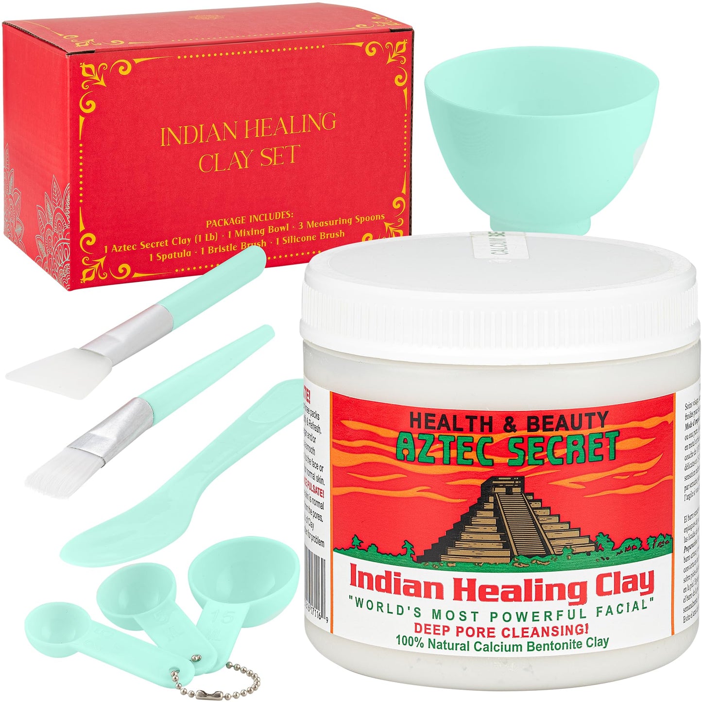 Aztec Secret 1lb, Original Indian Healing Clay with a Face Mask Mixing Bowl Set, Includes Bentonite Clay Powder, Spatula, Brush, Measuring Spoons, and More