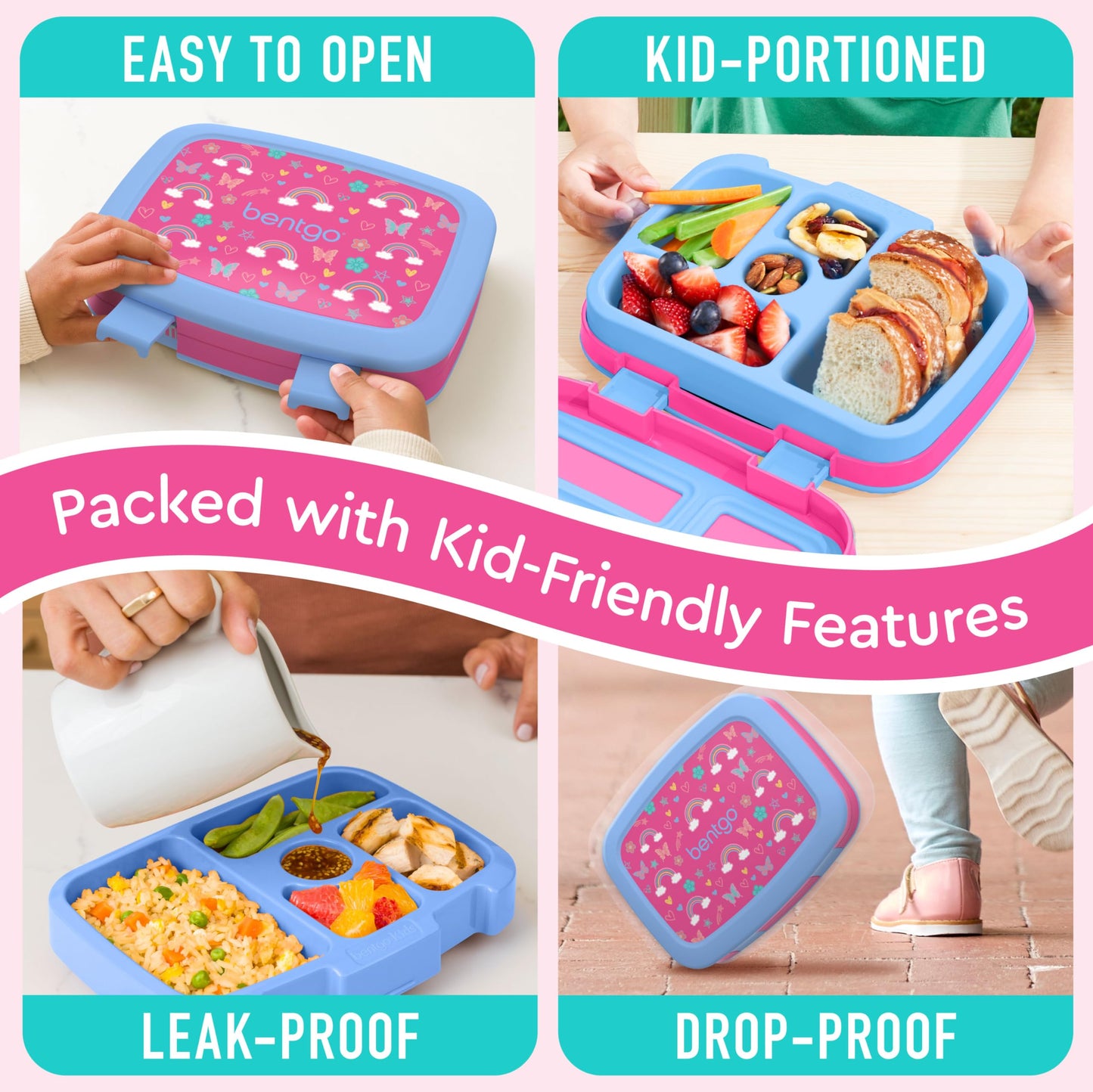 Bentgo Kids Prints Leak-Proof, 5-Compartment Bento-Style Kids Lunch Box - Ideal Portion Sizes for Ages 3-7, Durable, Drop-Proof, Dishwasher Safe, & Made w/BPA-Free Materials (Rainbows & Butterflies)