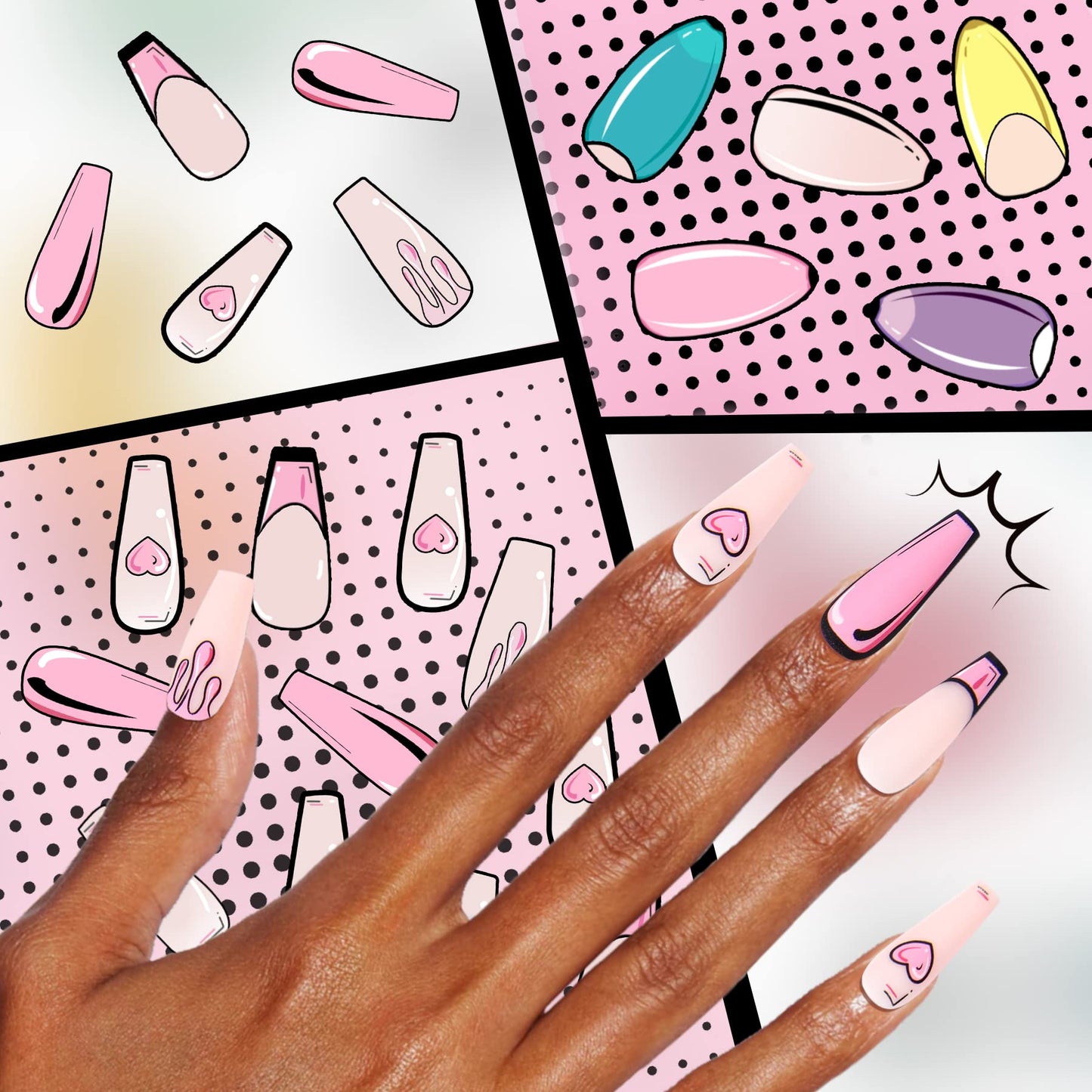 Comic Coffin Nail Pink Pop Art Press on Cartoon French Tips New Trend Love Design Stick on False Nails 24 pcs Flame Decals Set