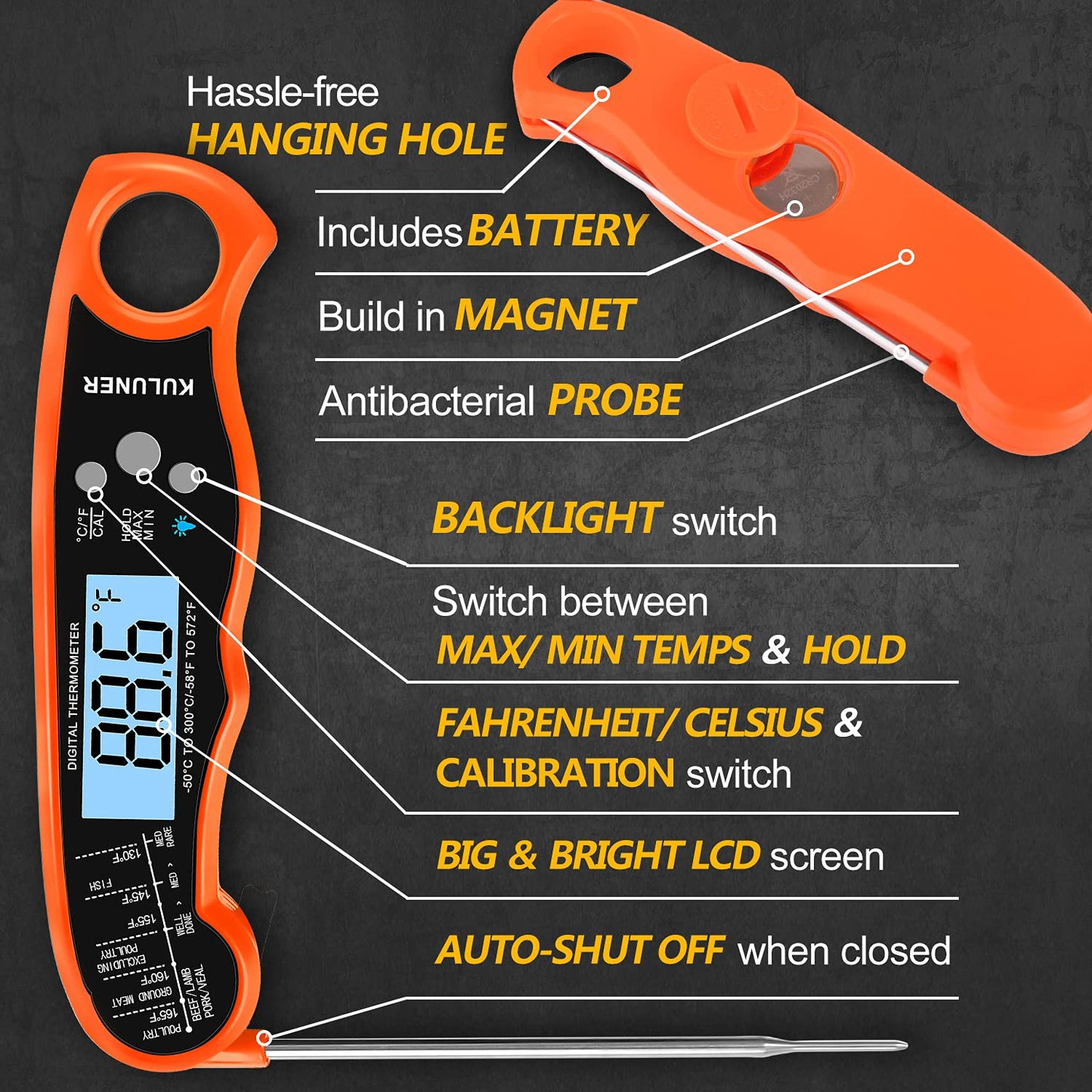 KULUNER TP-01 Waterproof Digital Instant Read Meat Thermometer with 4.6 Folding Probe Backlight Calibration Function for Cooking Food Candy, BBQ Grill, Liquids,Beef(Orange)