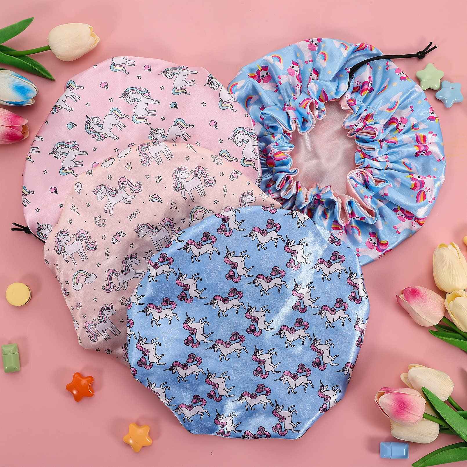 CACASO 4 Pieces Kids Satin Bonnet Sleeping Cap,Adjustable Satin Sleep Cap for Sleeping Hair Bonnet,Double Layer Reversible Sleep Bonnet Soft Night Hats for Natural Hair Toddler Child Baby(A-Unicorn)