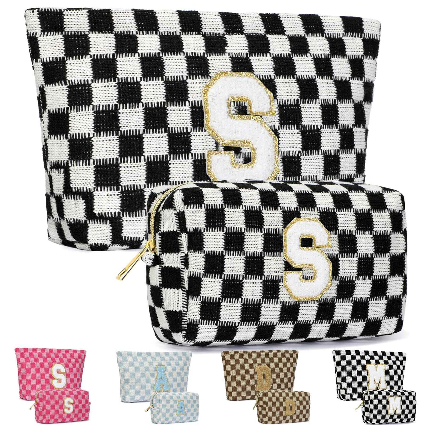 Silongder 2PCS Checkered Makeup Bag for Women Personalized Initial Letter Makeup Bag Travel Toiletry Bag Organizer Cute Makeup Brushes Storage Bag Mother's Day Birthday Gift for Women (Black S)