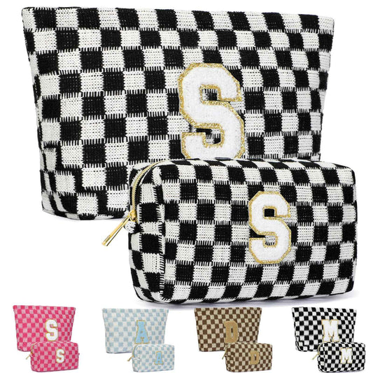 Silongder 2PCS Checkered Makeup Bag for Women Personalized Initial Letter Makeup Bag Travel Toiletry Bag Organizer Cute Makeup Brushes Storage Bag Mother's Day Birthday Gift for Women (Black S)