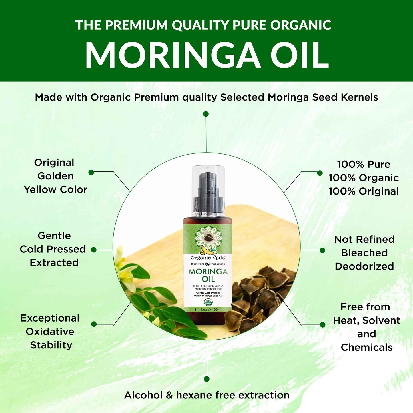 Organic Veda Moringa Oil Virgin 100% Pure & USDA Organic - Multi Purpose, Face, Hair & Skin, Nails, Fast Absorbing, Moisturizing & Beautifying - The Miracle Tree Moringa Oleifera Seed Oil, 3.4 fl.oz