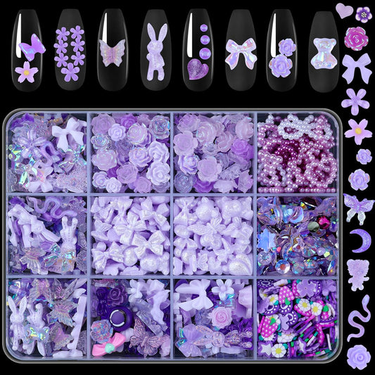 Umillars 400pcs Butterfly Bow Bear Snake Rabbit Moon Heart Rose Flowers Nail Art Charms with 450pcs Special Shape Flatback Rhinestones and Polymer Slices for Nail Art Designs (Purple)