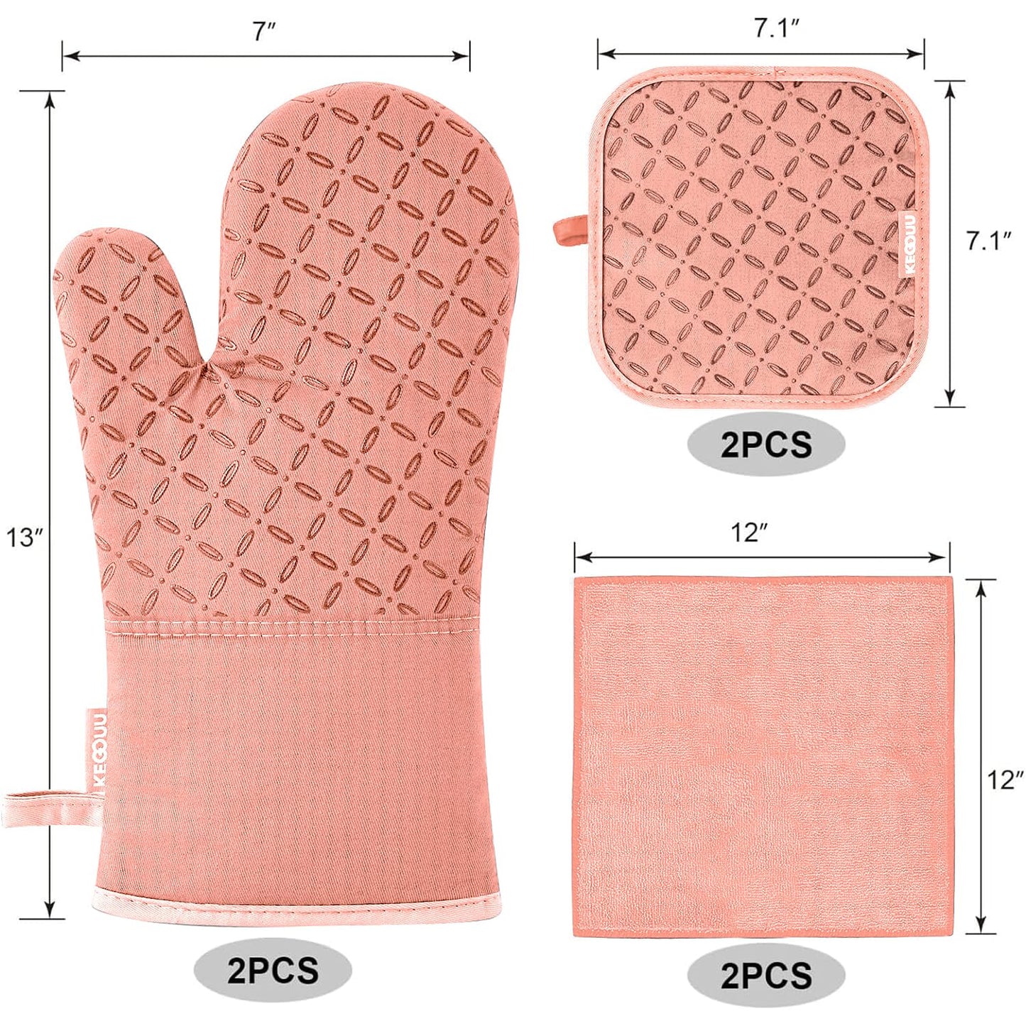 KEGOUU Oven Mitts and Pot Holders 6pcs Set, Kitchen Oven Glove High Heat Resistant 500 Degree Extra Long Oven Mitts and Potholder with Non-Slip Silicone Surface for Cooking (Pink)