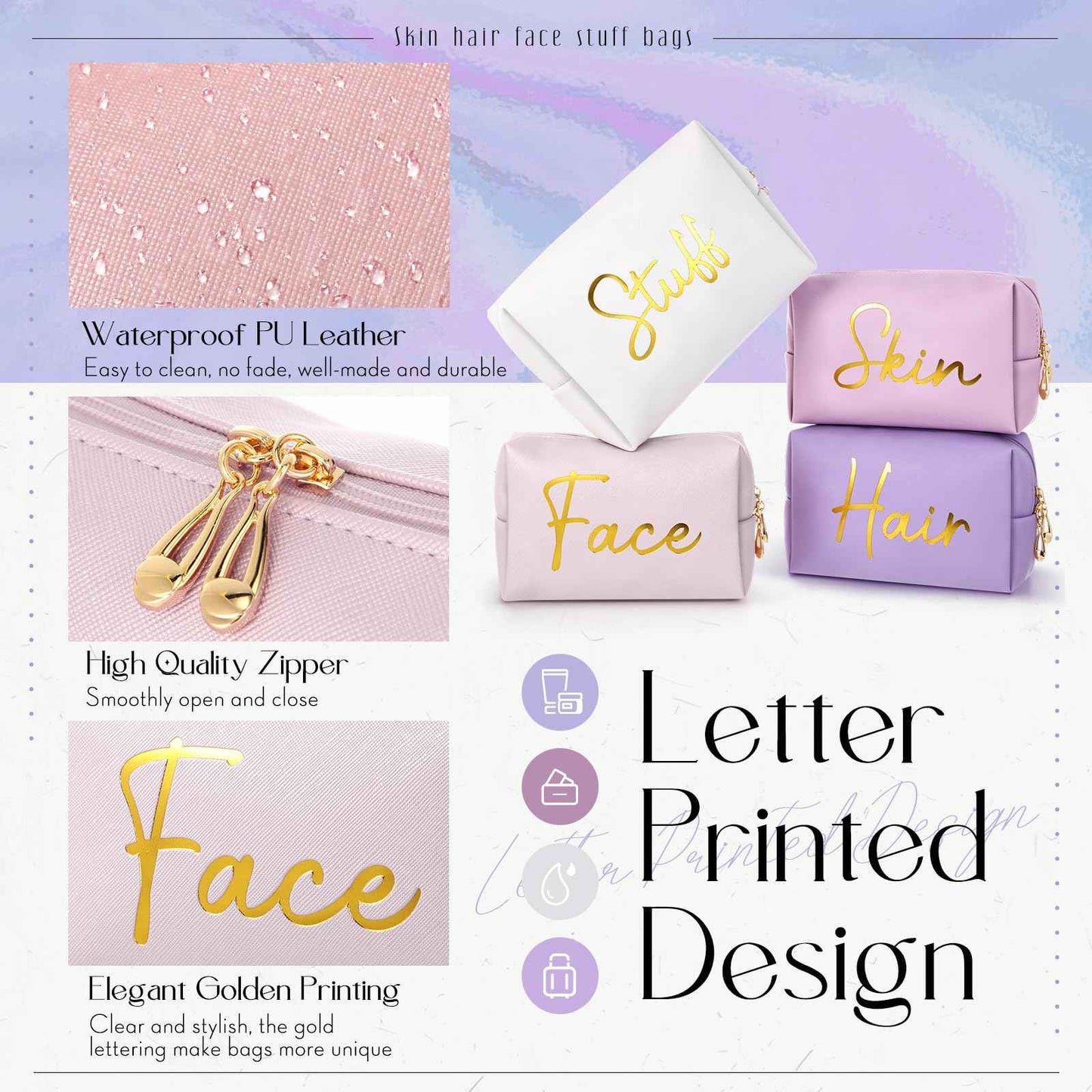 Aliceset 4 Pcs Preppy Makeup Bags Set Cute Travel Cosmetic Pouch Face Skin Hair Stuff Aesthetic Makeup Bags, PU Leather Waterproof Zipper Toiletry Pouch Gifts for Women Girl(Pink Purple)