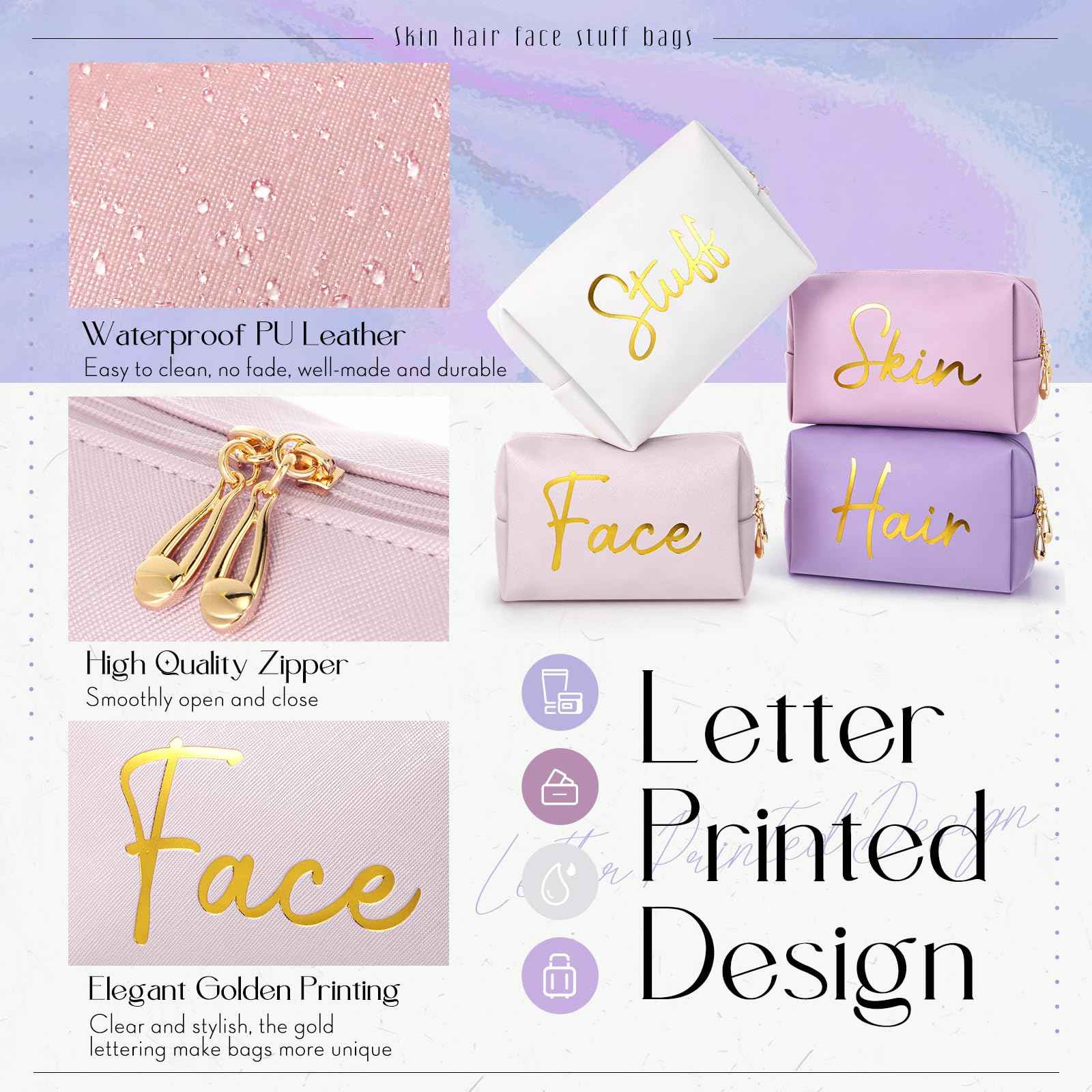 Aliceset 4 Pcs Preppy Makeup Bags Set Cute Travel Cosmetic Pouch Face Skin Hair Stuff Aesthetic Makeup Bags, PU Leather Waterproof Zipper Toiletry Pouch Gifts for Women Girl(Pink Purple)