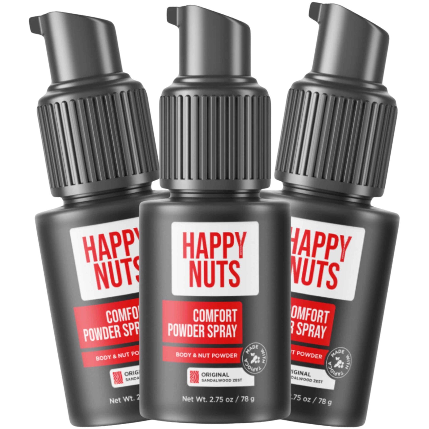 Happy Nuts Comfort Powder Spray Deodorant For Men: Anti-Chafing Sweat Defense, Odor Control, Aluminum-Free, Perfect Stocking Stuffer Gift for Men's Private Parts 2.75 oz (3 Pack), Original Scent