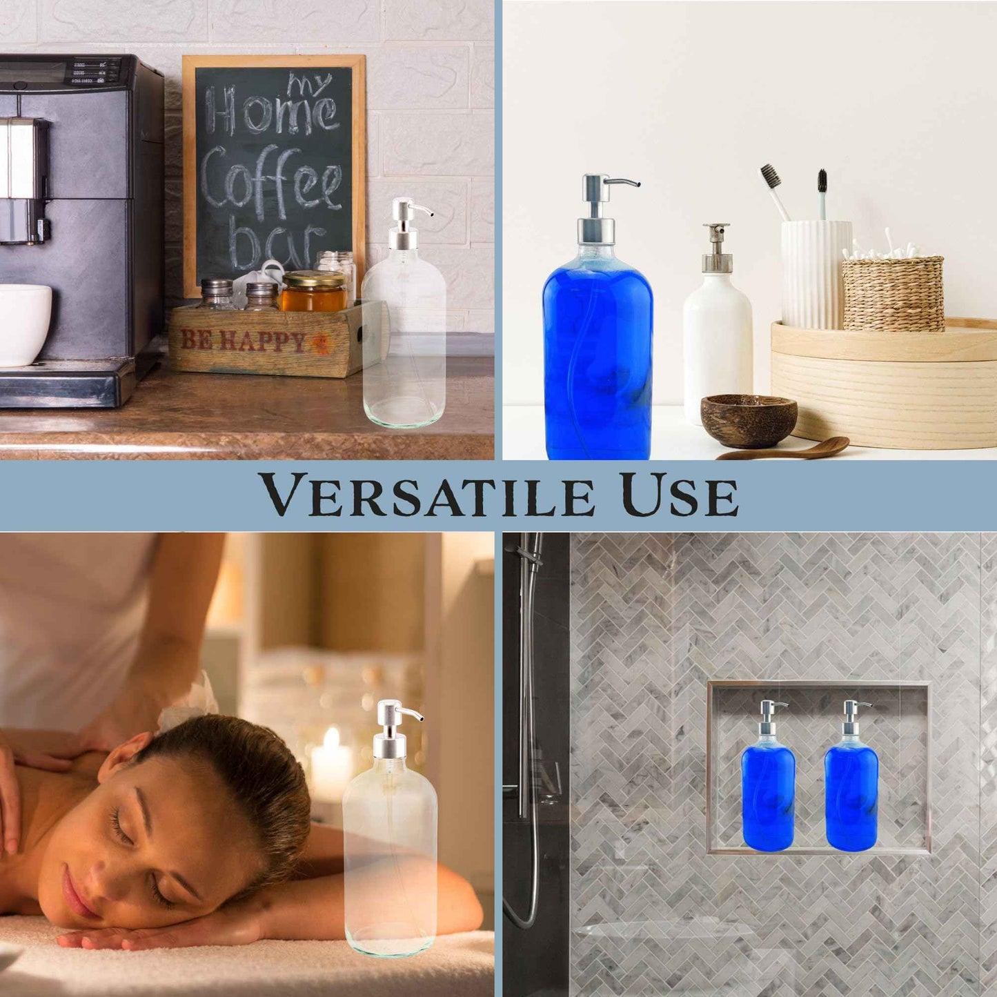 Cornucopia Brands 32oz Glass Pump Bottles w/Stainless Steel Pump (2-Pack, Clear); Economy Size Soap Dispenser for Massage Oils, Lotions, Liquid Soaps