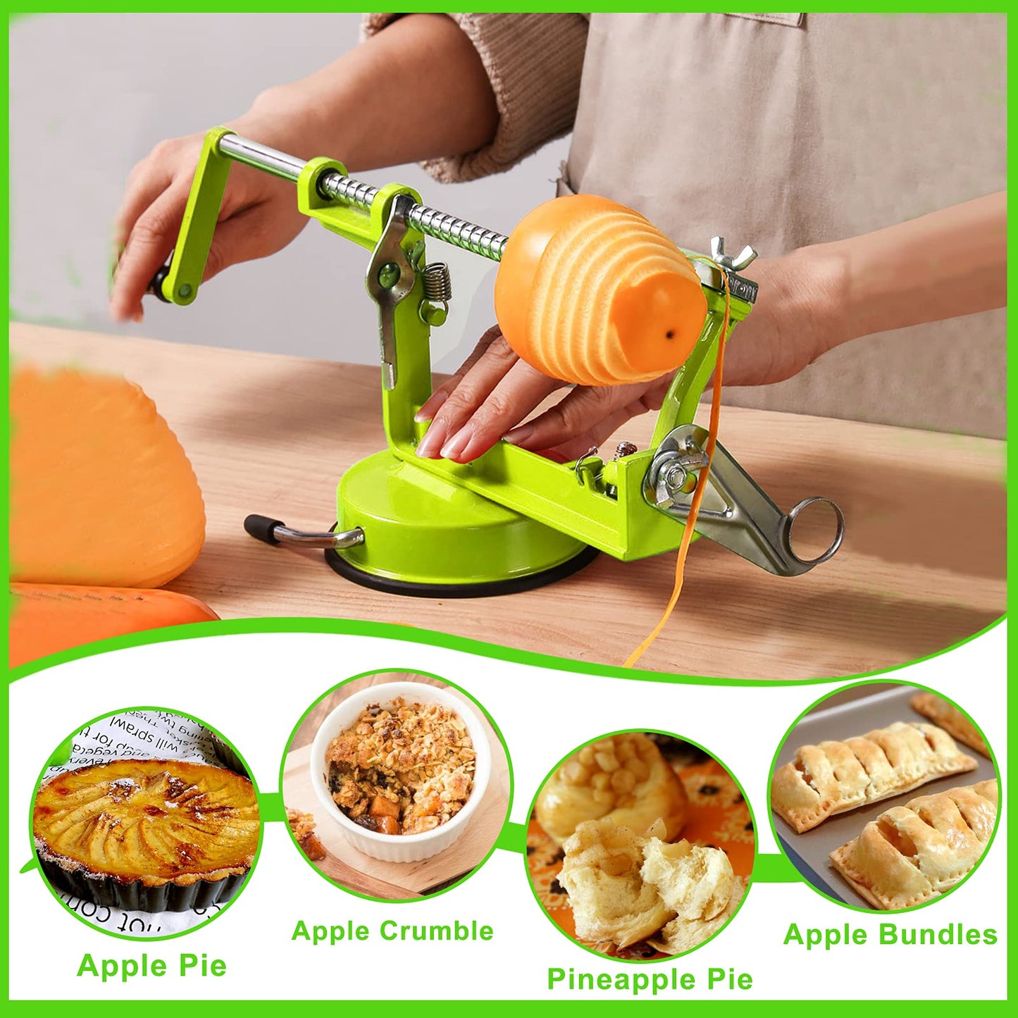 TIGWIN Apple Peeler Corer, Long lasting Chrome Cast Magnesium Alloy Apple Peeler Slicer Corer with Stainless Steel Blades and Powerful Suction Base for Apples and Potato(Green)