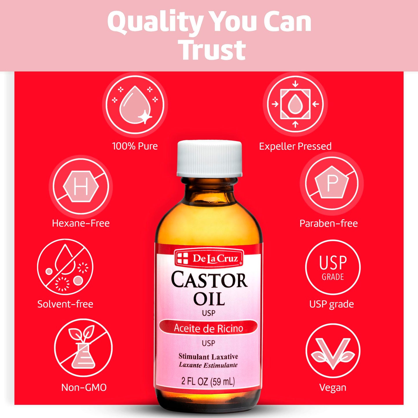 De La Cruz Castor Oil - 100% Pure Castor Oil for Hair, Skin, Eyelashes, and Eyebrows - USP Grade, 2 FL Oz (12 Bottles)