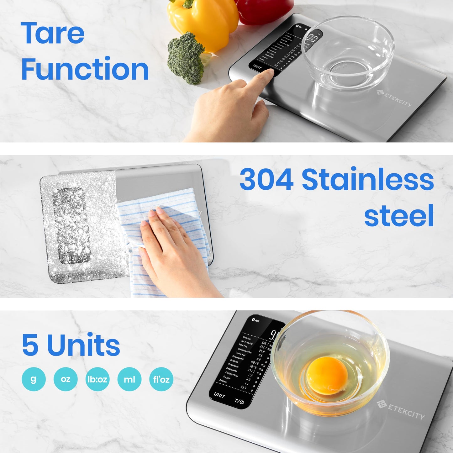 Etecktiy Smart Food Kitchen Scale with Nutritional Calculator, Free App with 19 Nutrients Tracking, Calorie, Marco, Digital weight grams and ounces for weight loss, Premium Stainless Steel, 11lb