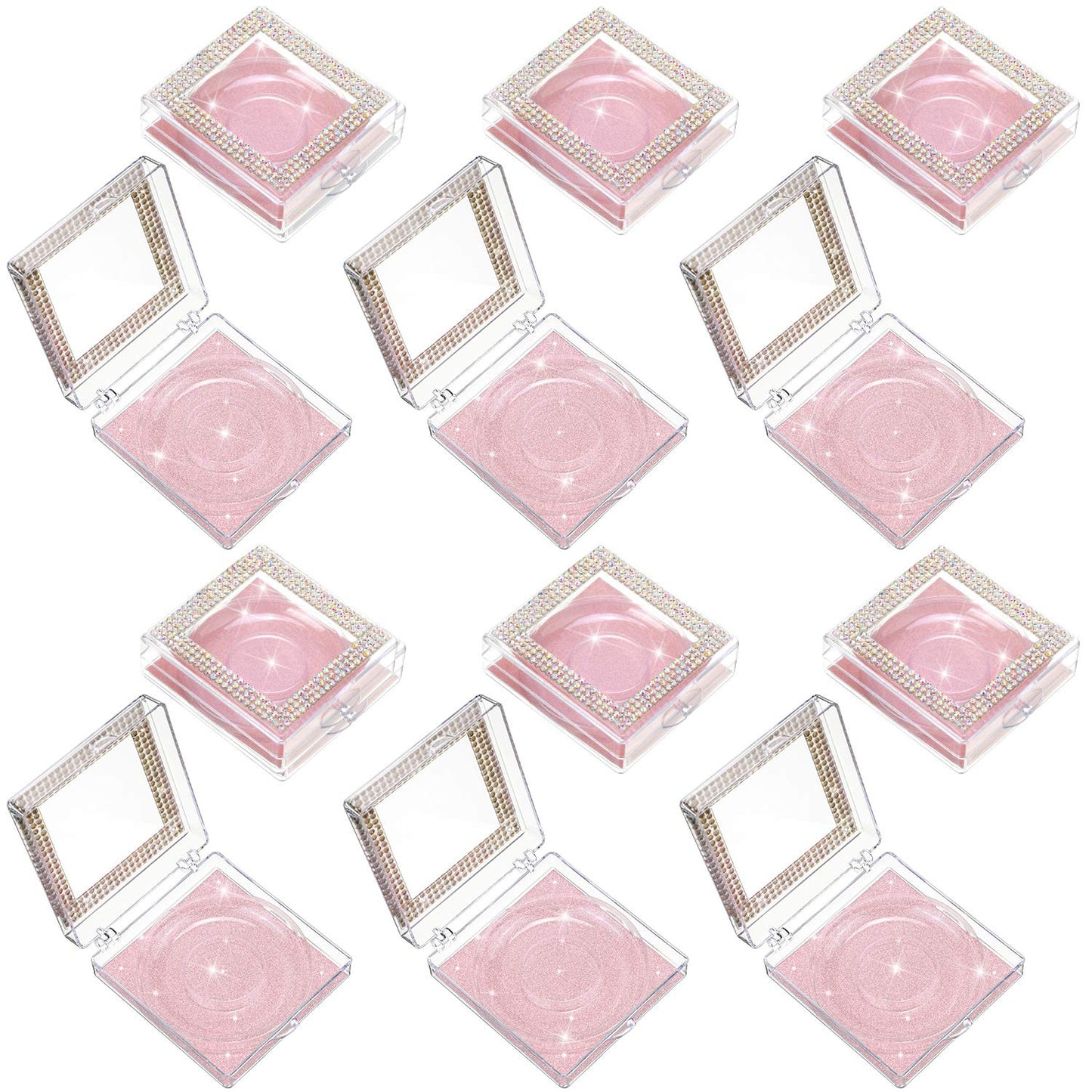 12 Pieces 3D False Eyelashes Packaging Boxes Rhinestones Square Lash Case Empty Eyelash Storage Boxes with Glitter Paper and Clear Tray for Women Eyelash Care(Rose Gold)