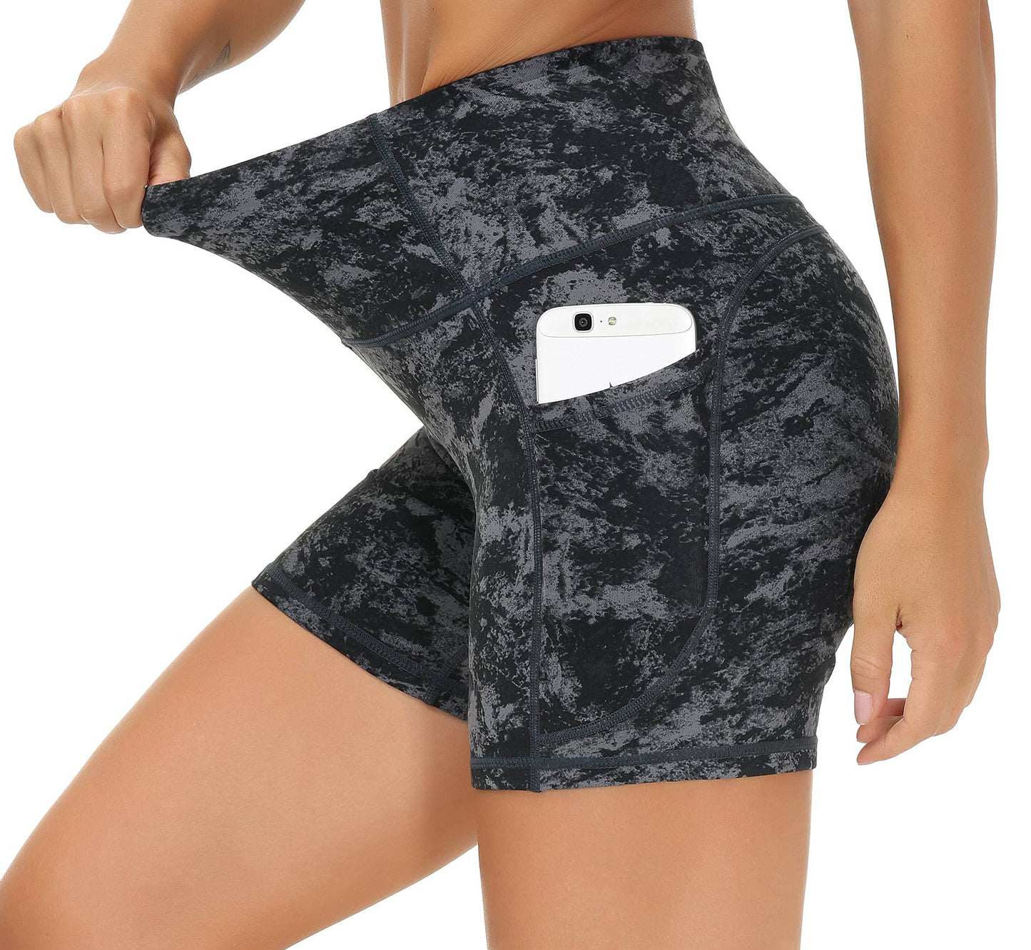 THE GYM PEOPLE High Waist Yoga Shorts for Women Tummy Control Fitness Athletic Workout Running Shorts with Deep Pockets (Small, Gray-Marble)