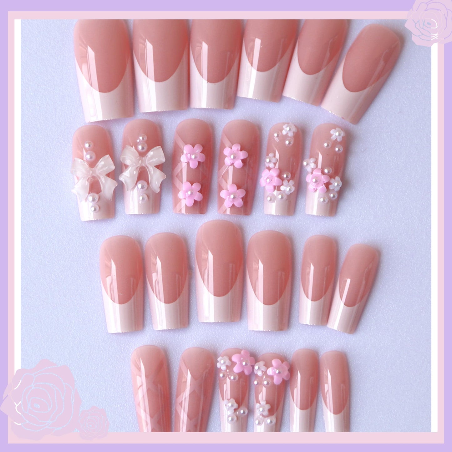 Pink Press on Nails Kit with Charms Gems French Tip Nails Press Ons Medium Square Fake Nails Artificial Coffin Gel Like Glossy 3D Flower Pearl White Bowknot False Nail Manicure for Women Girl