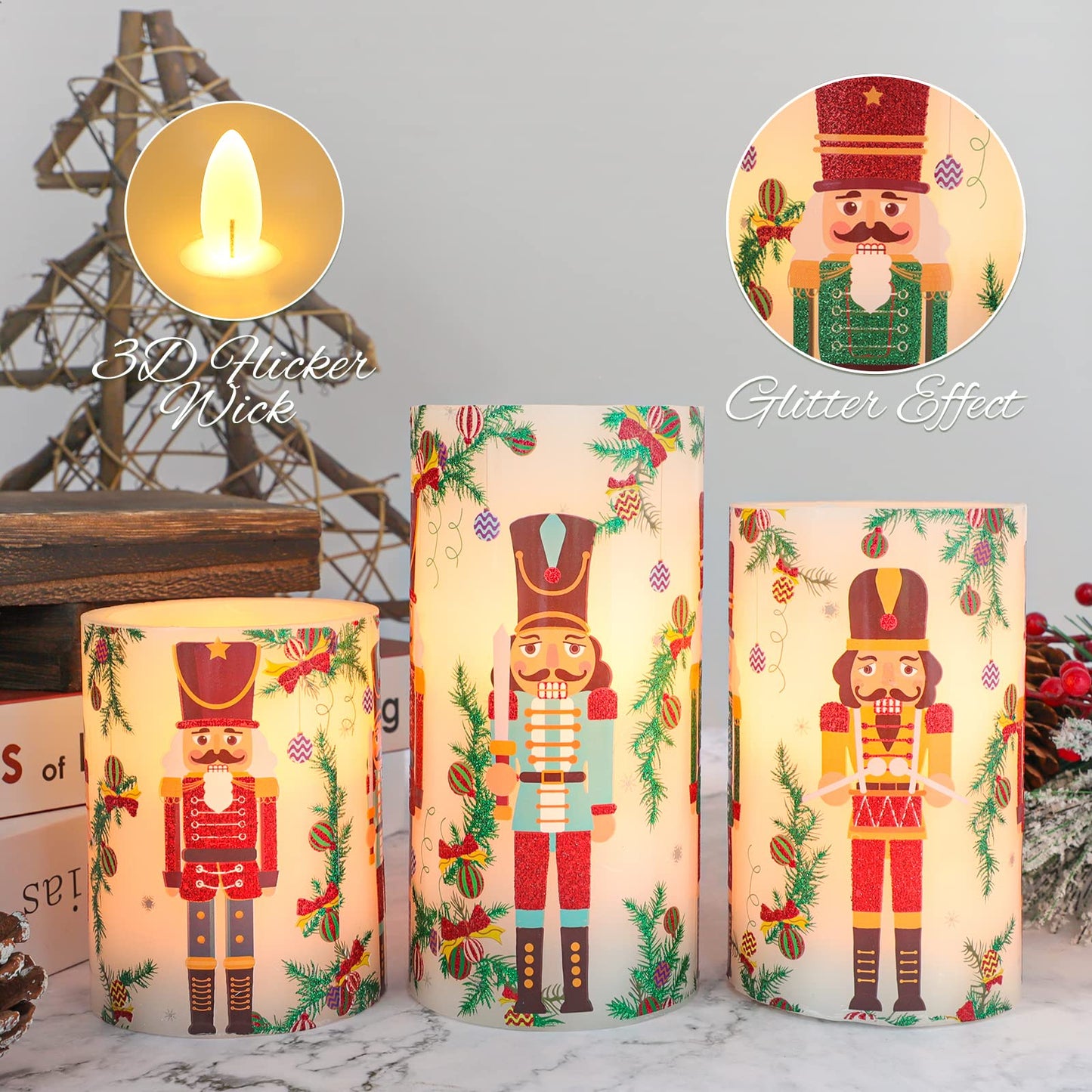 REVELBUNNY Nutcracker Christmas Flameless Candles Battery Operated Flickering LED Candles with Remote Timer, Real Wax Pillar Candles for Holiday Party Home Decoration Christmas Gifts, Set of 3