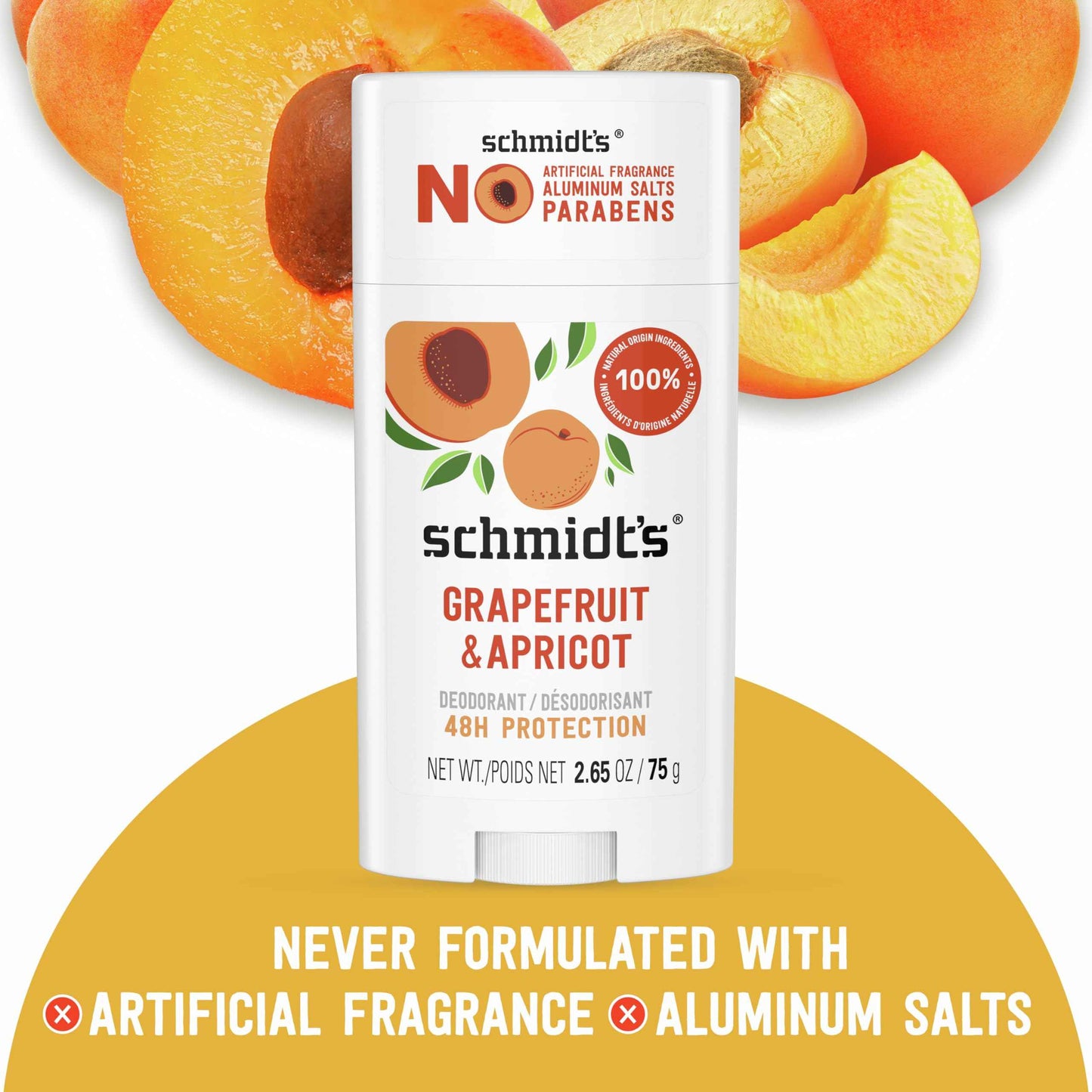 Schmidt's Aluminum-Free Vegan Deodorant Grapefruit & Apricot with 24-Hour Odor Protection, 2 Count for Women and Men, Natural Ingredients, Cruelty-Free 2.65 oz