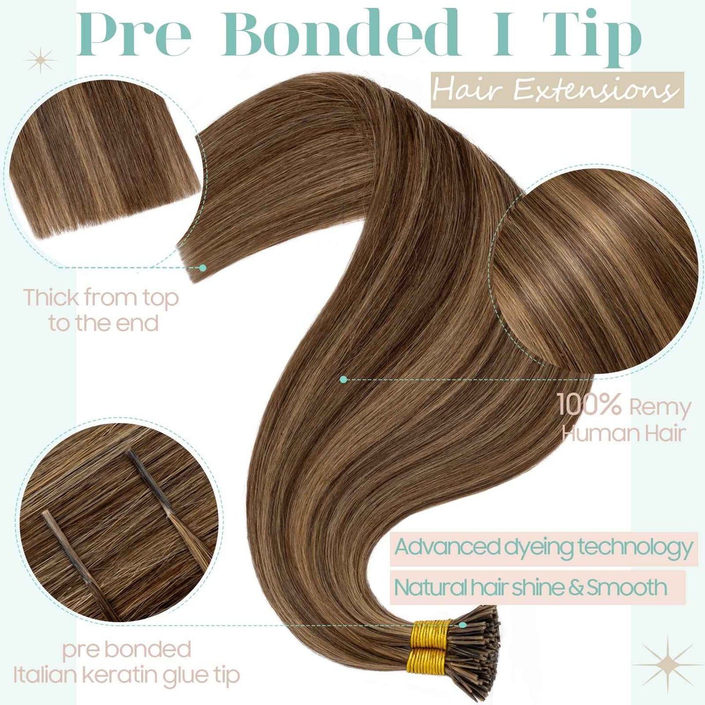 S-noilite Pre bonded I Tip Human Hair Extension for Women 100Strands 50Gram Fusion Stick Tip Remy Human Hair Piece Invisible Keratin Glue K Tip 16Inch #4P27 Medium Brown highlight Dark Blonde