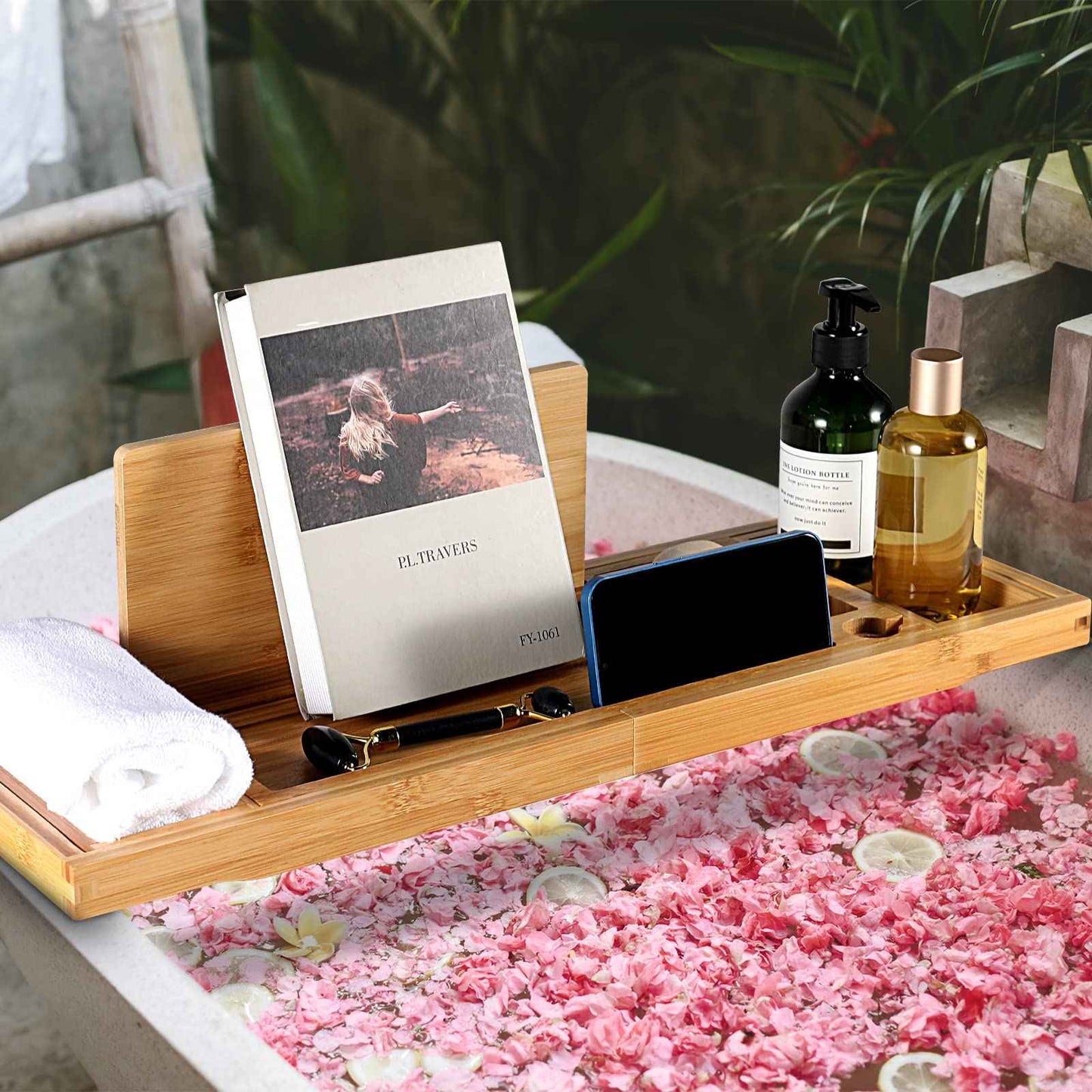 Premium Bamboo Bathtub Caddy Tray with Extending Sides, Adjustable Wood Bath Tray for Luxury Bath, Fits Most Tubs, Accessories Gift Idea