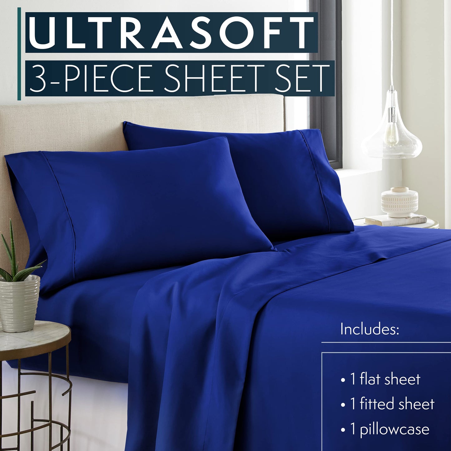 Twin Sheets Set, 3 pc Bed Sheets & Pillowcase Set - Machine Washable for Easy Care - Soft & Breathable All Season Microfiber Sheets with Deep Pockets - Royal Blue