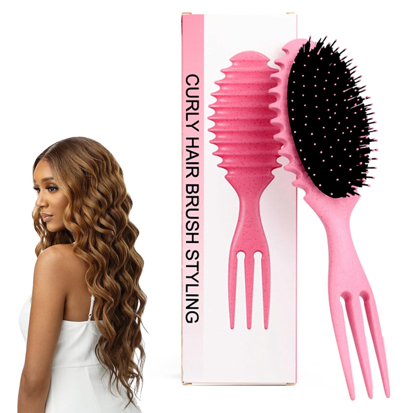 GyovinnJuwanua Curl Hair Brush 3-in-1 - Defining Curl Bristle Brush Shaping & Defining Hairbrush, Define Curly Hair Styling Detangling Curls Combing Curly Brush with 3 Prongs for Women and Men (Pink)