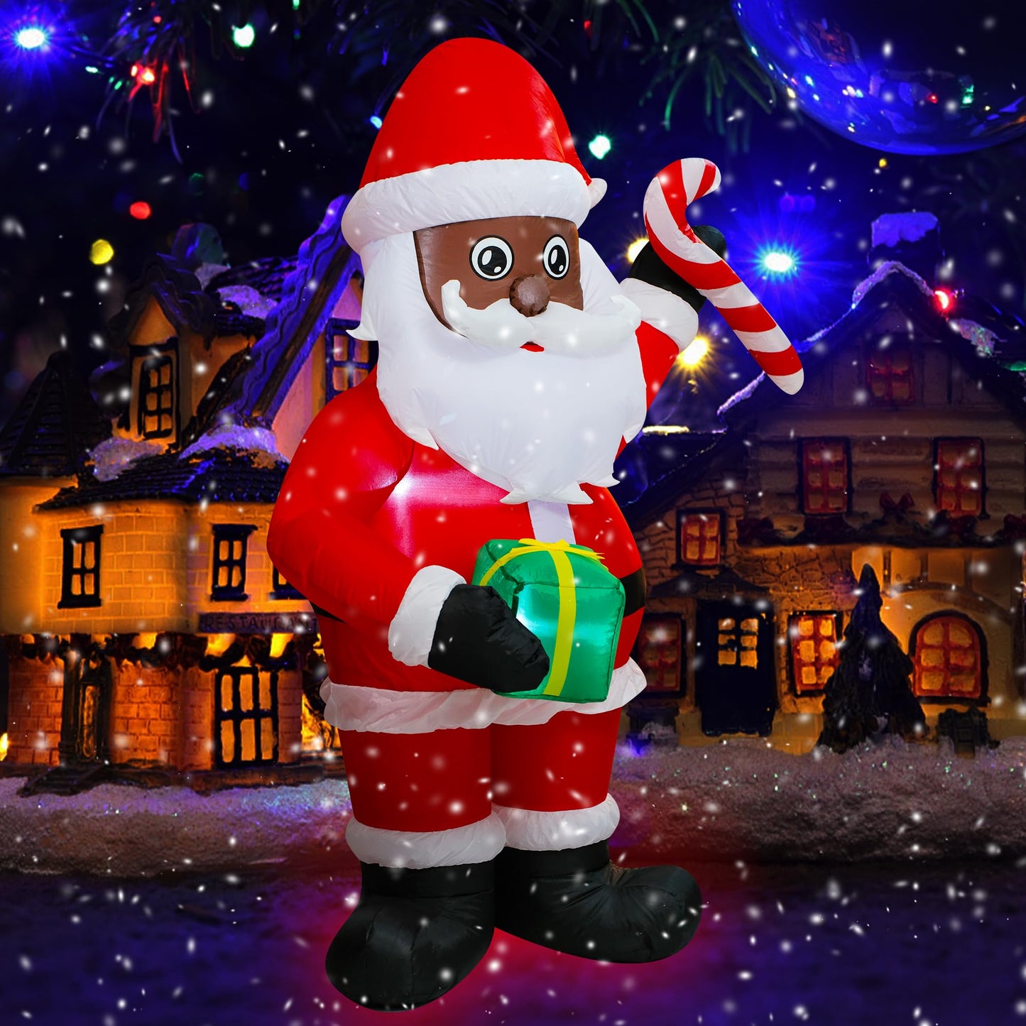 Trystway 6FT Inflatable Christmas Black Santa Claus with Gift Box and Candy Decoration Blow Up Built-in LED for Holiday Lawn Yard Garden Home Indoor Outdoor Party