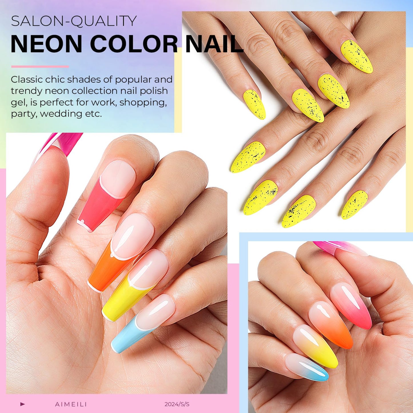 AIMEILI Hot Pink Neon Gel Nail Polish Soak Off Summer Yellow Gel Nail Lacquer, Neon Pink Neon Orange Blue Purple Nail Polish Color Gel Set Of 6pcs X 10ml - Kit Set 11