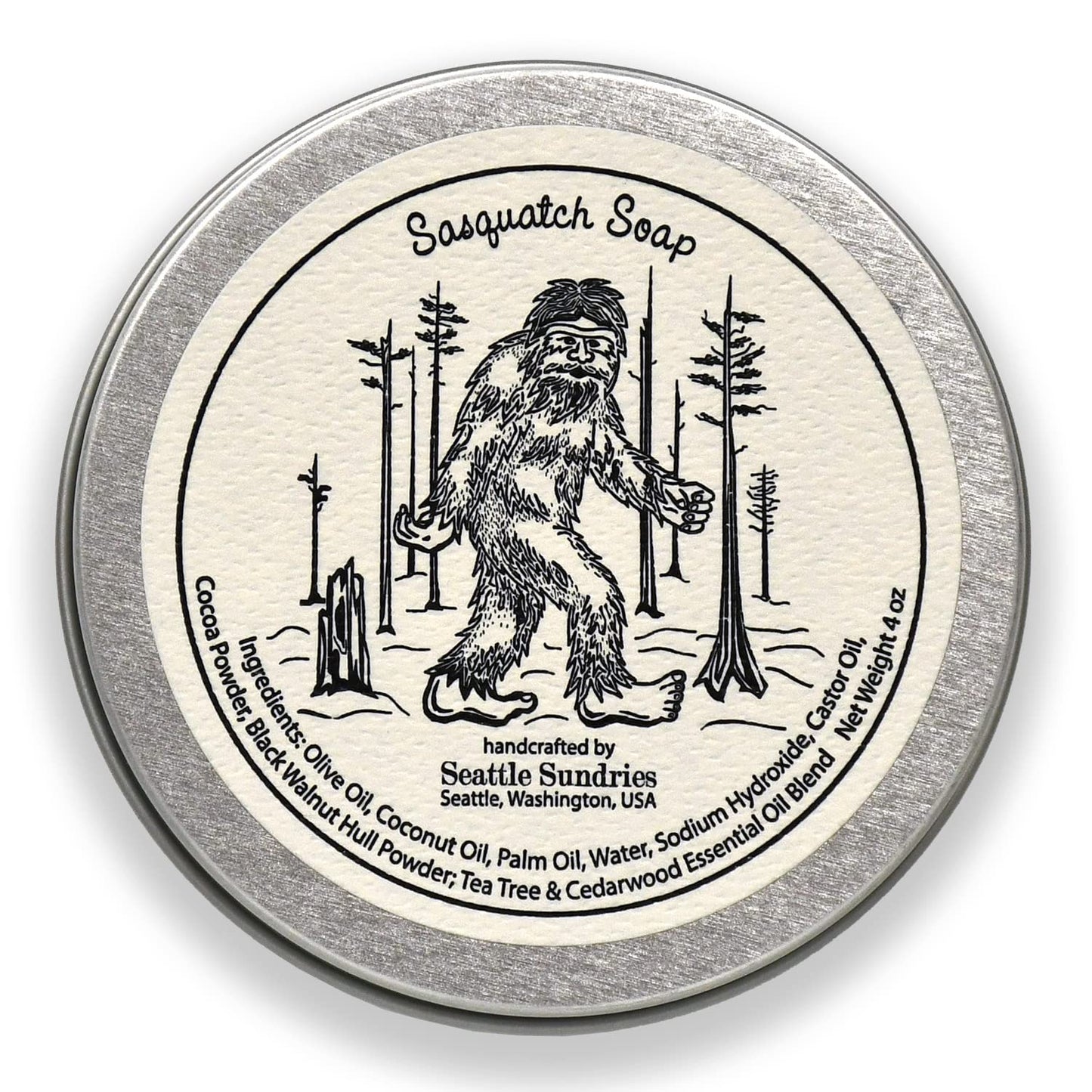 Seattle Sundries Sasquatch Soap Bar Natural Skin Care, 1 (4oz) Handmade Soap Bar in a Retro Aesthetic Gift Tin with a Woodsy Scent, Camp & Bigfoot Gift Idea