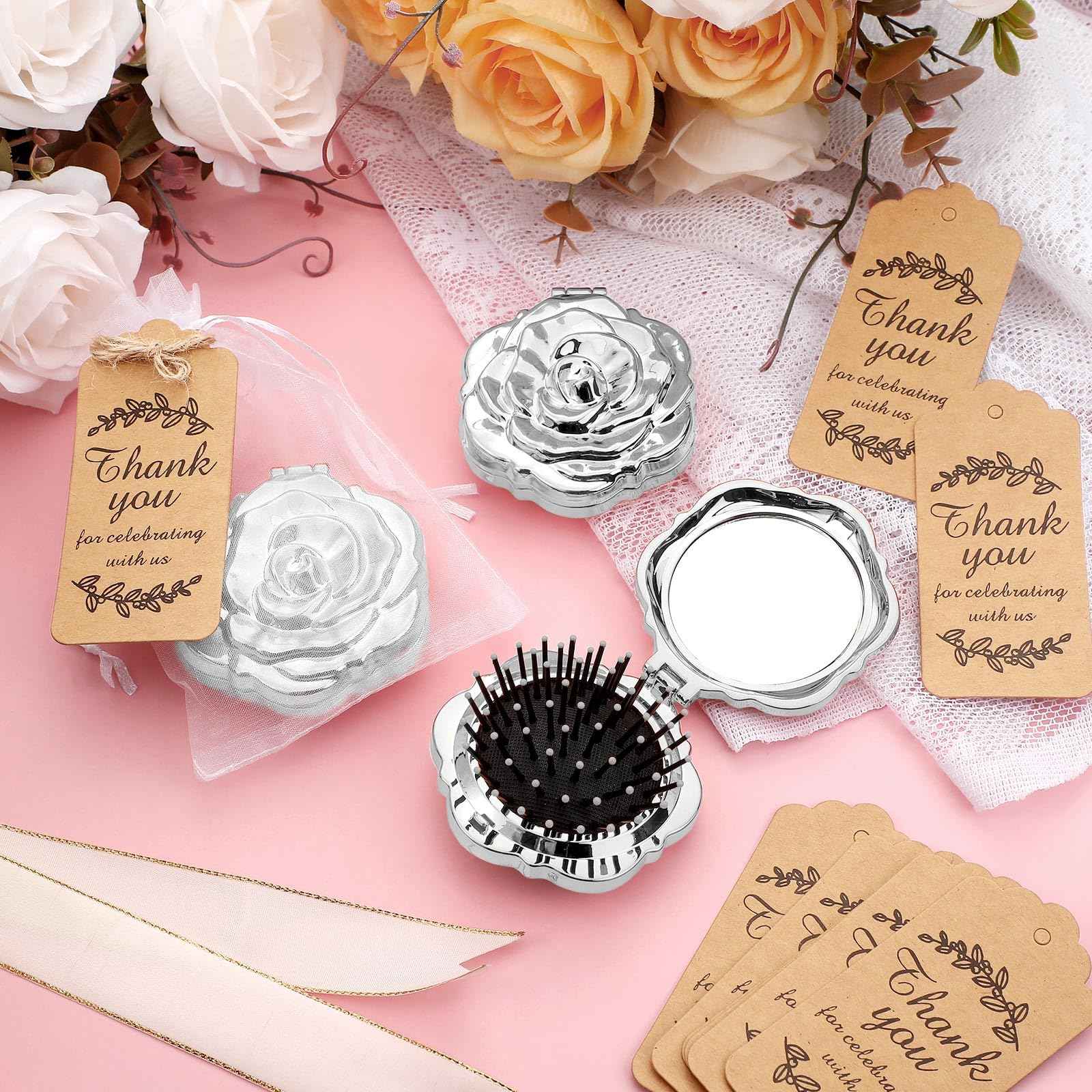 Singhoow 24 Sets Rose Compact Mirrors Brush Bulk Quinceanera Party Favors for Guests Travel Mirror Thank You Gifts Bulk for Sweet 16 15 Party Favors Bridal Shower Wedding Souvenirs(Silver)