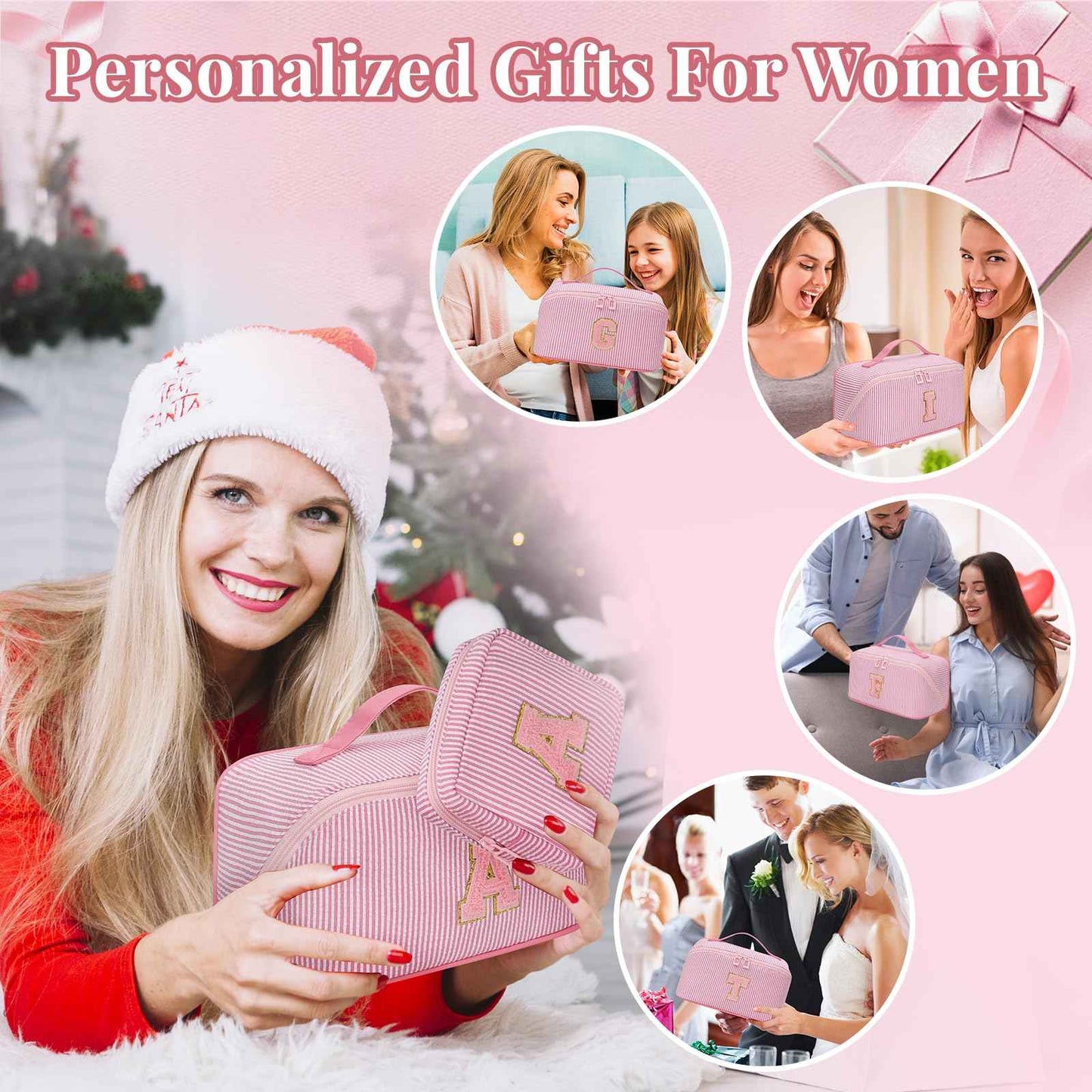 Travel Makeup Bag for Women, 2Pcs Portable Personalized Initial Makeup Organizer Bag, Open Flat Large Cosmetic Bag With Travel Essential Pouch (Pink Letter M)