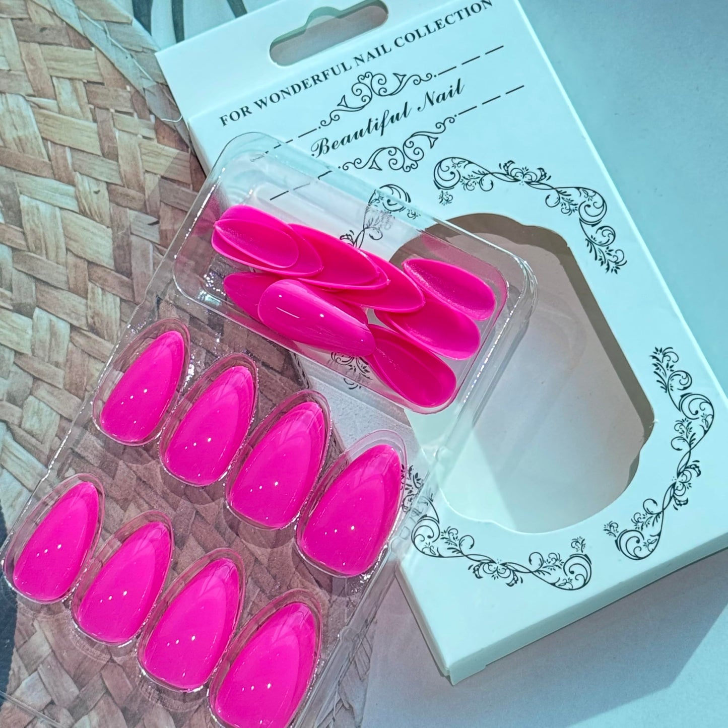 Hot Pink Press on Nails Almond Fake Nails Full Cover Solid Colour Stick on Nails with design Acrylic Artificial Nails Glossy Reusable False Nails for Women Girls Holiday 24pcs