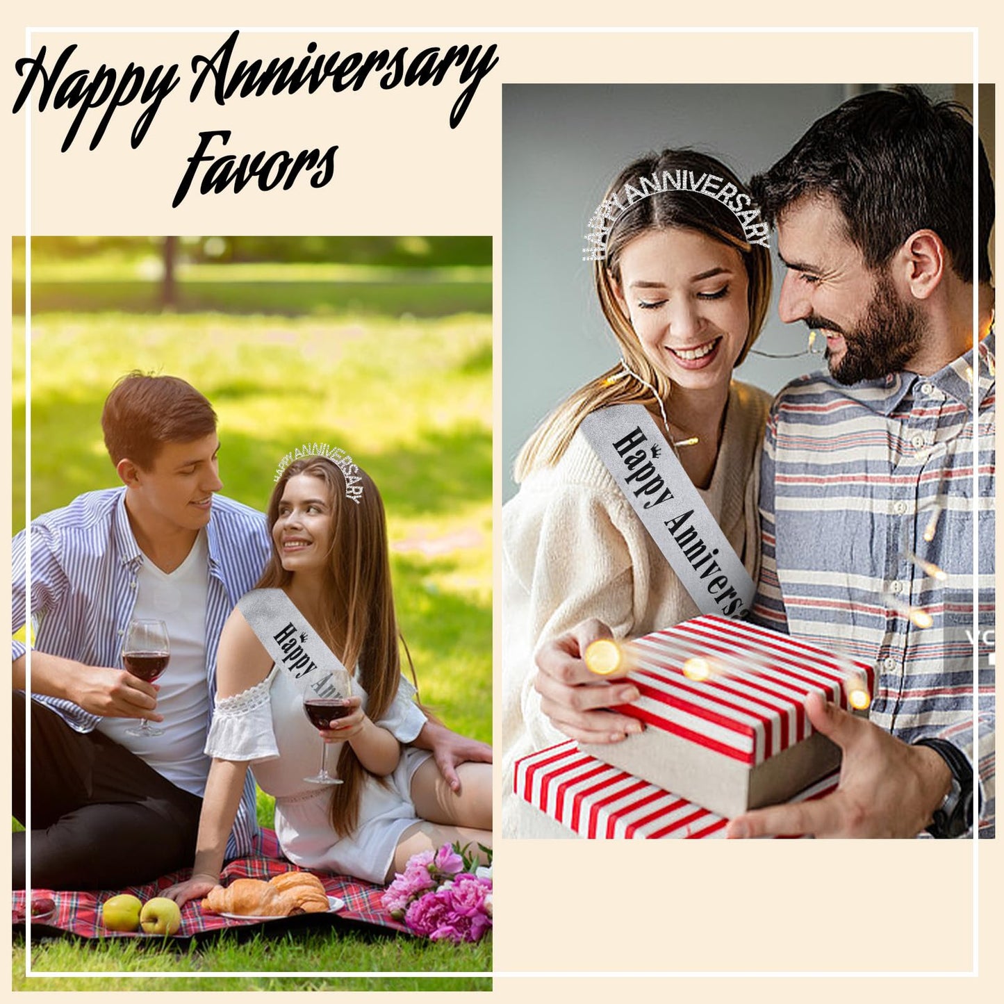 Casoty Silver Happy Anniversary Sash and Tiara for Women, Happy Anniversary Decorations, Happy Anniversary Sash and Crown Set