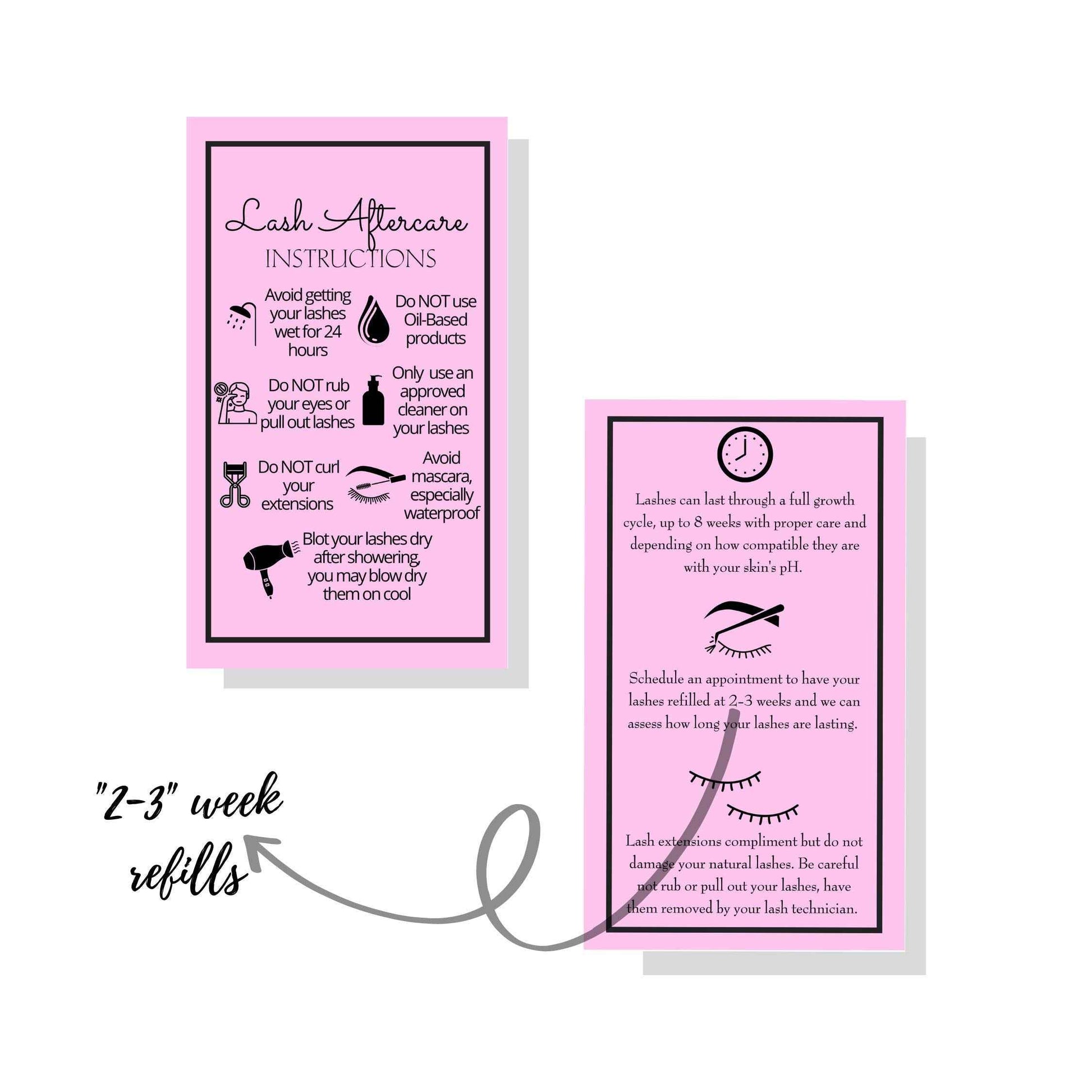 Lash Extension Aftercare Instructions Cards | Package of 250 | Double Sided Size 2x3.5" inches After Care (2-3 Week Fillers) | Bubblegum Pink with Eyelash Extension Aftercare Pictures
