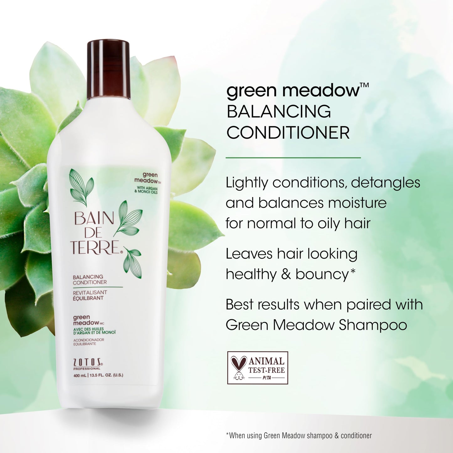 Bain de Terre Green Meadow Balancing Conditioner, Gentle Moisture Balance for Soft, Silky & Bouncy Hair with Argan & Monoi Oils, Paraben-free, Color-Safe, Vegan, 33.8 Fl Oz